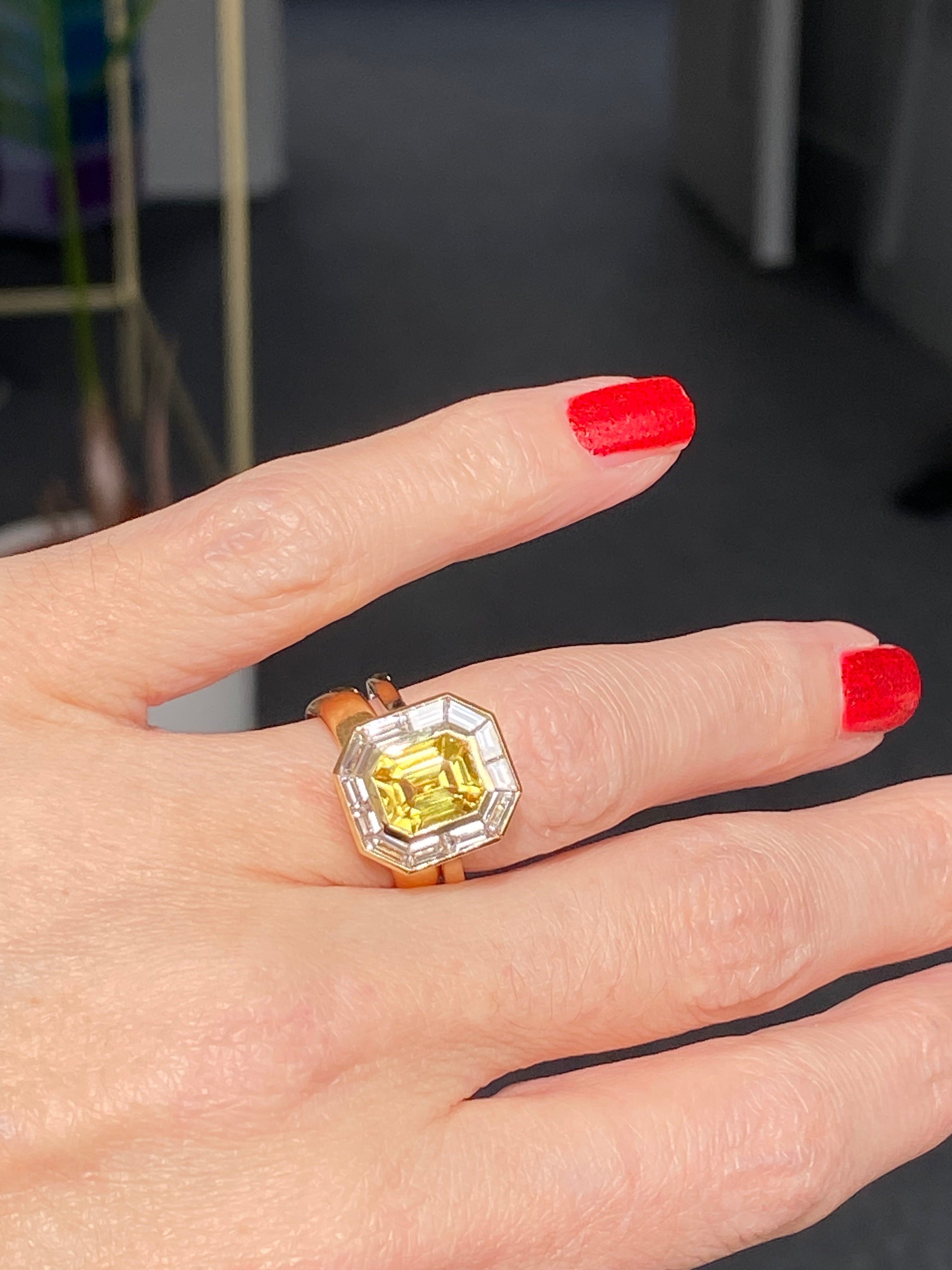 3.21 Carat Yellow Sapphire and 1.10 ctw Natural Diamond Ring in 18ct Yellow Gold