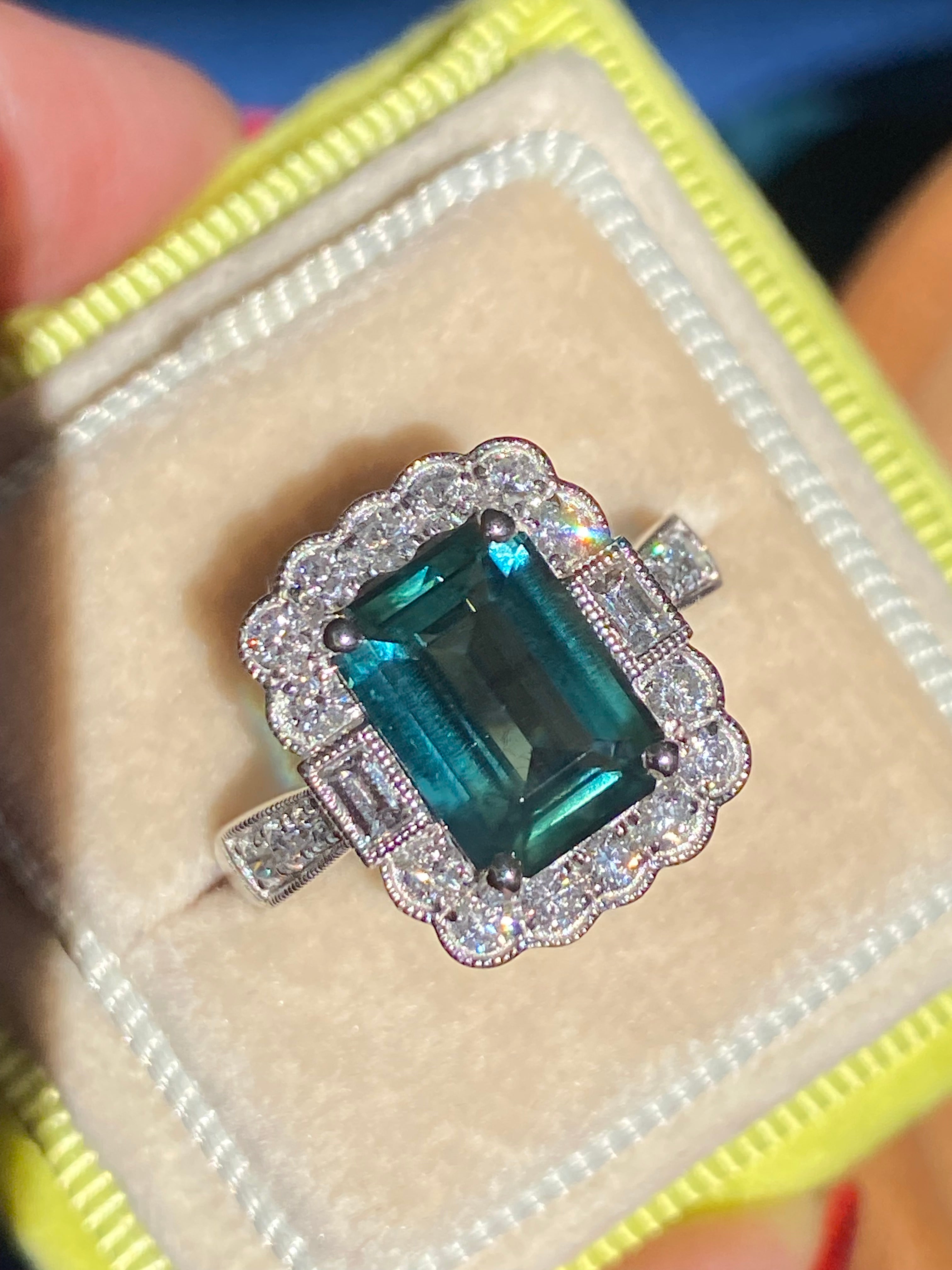 3.73 Carat Teal Sapphire and Natural Diamond Ring in Platinum