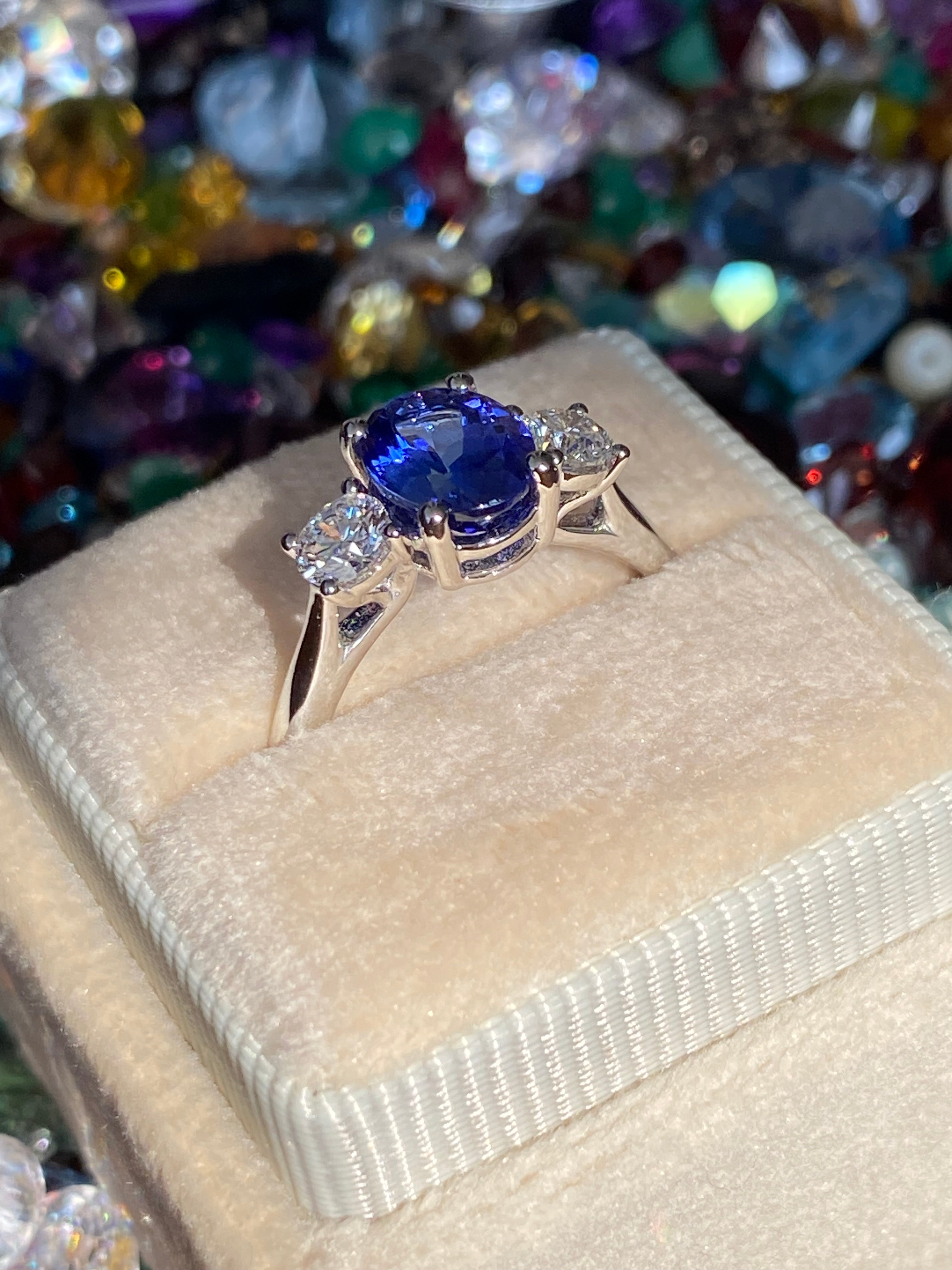 2.08 CTW Tanzanite and Natural Diamond Three Stone Ring in Platinum