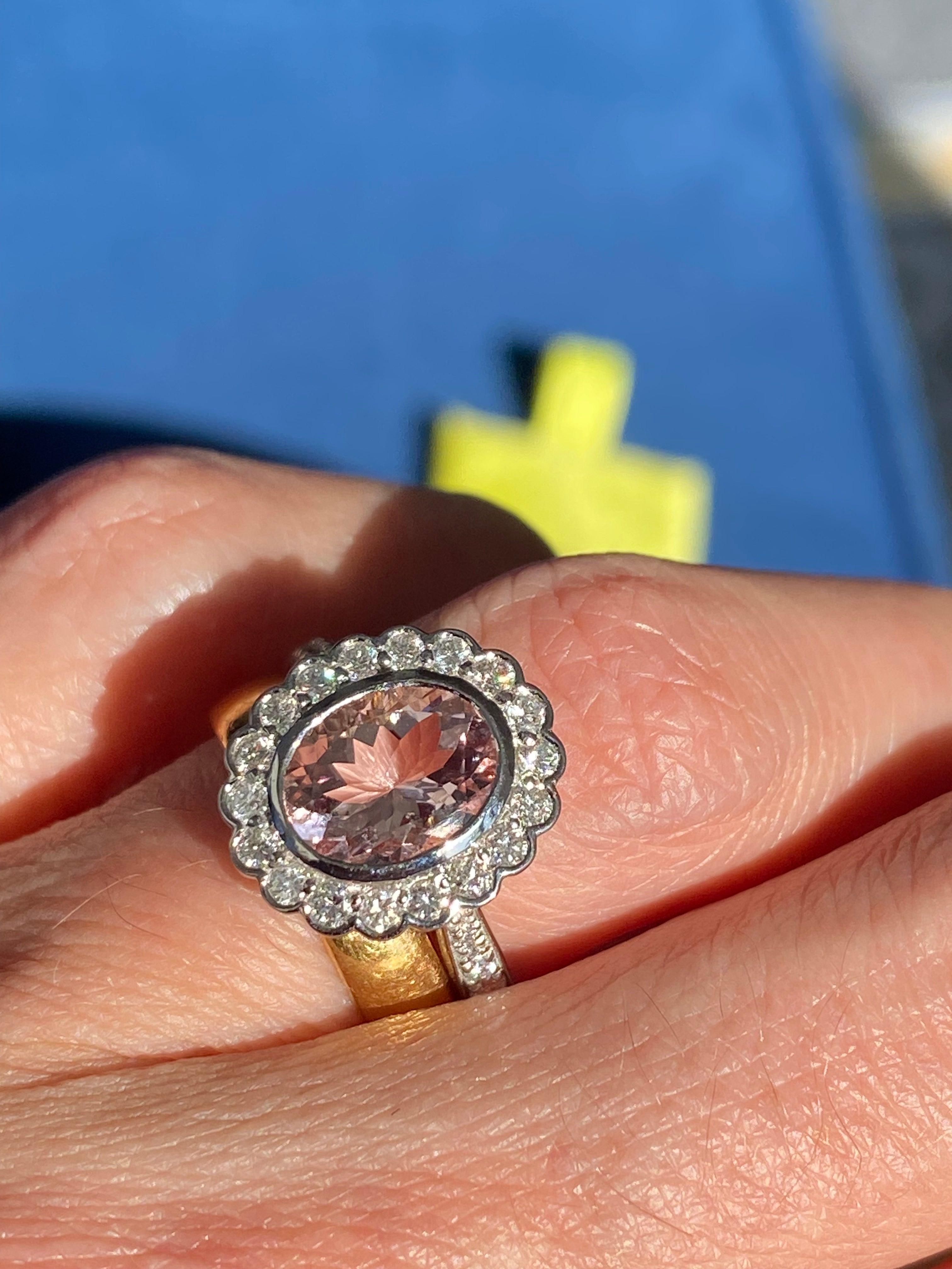 1.76 Carat Morganite and Natural Diamond Cluster Ring in Platinum