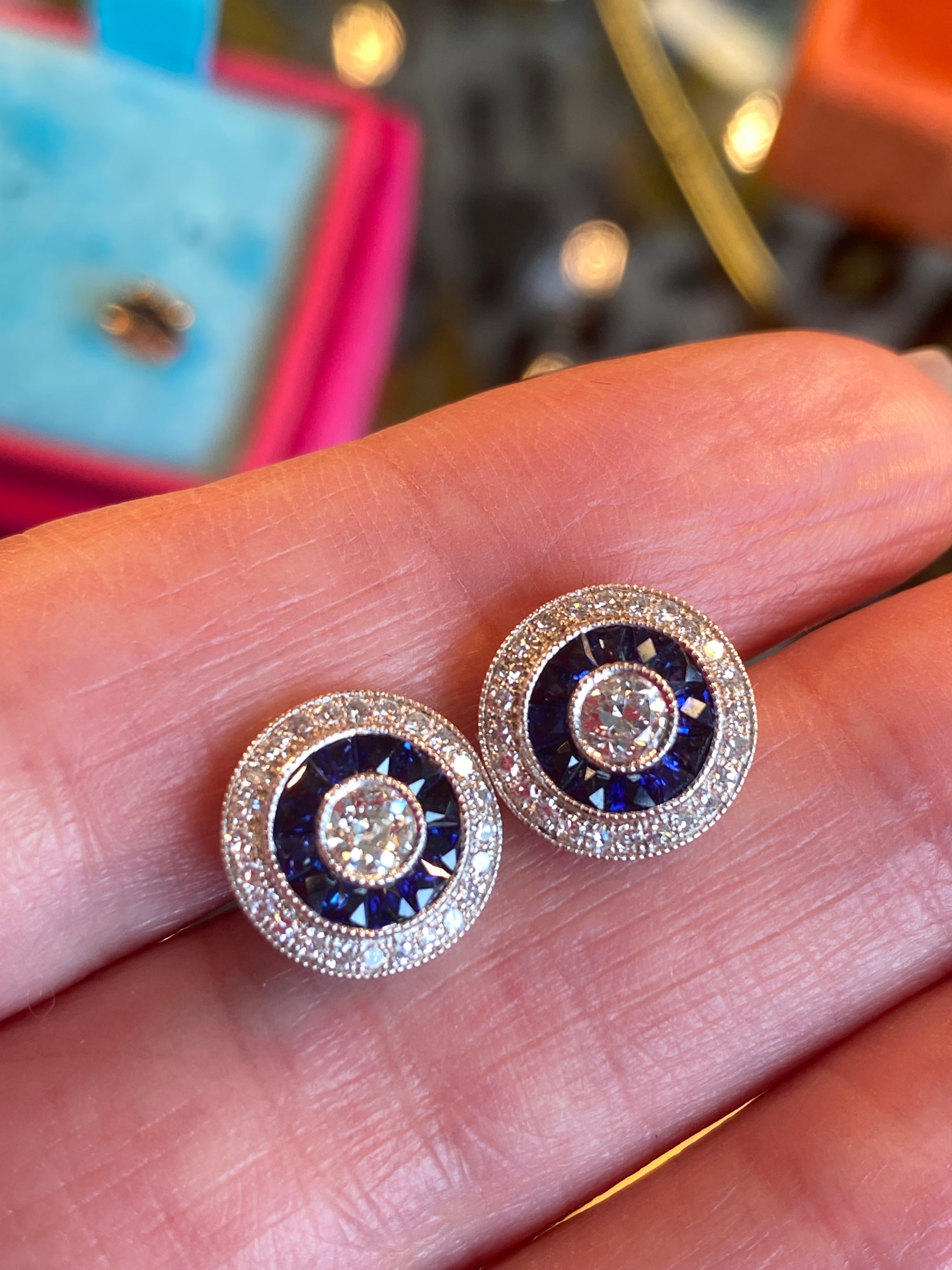 2.00ctw Old Cut Diamond and Sapphire Target Halo Earrings in 18ct Gold