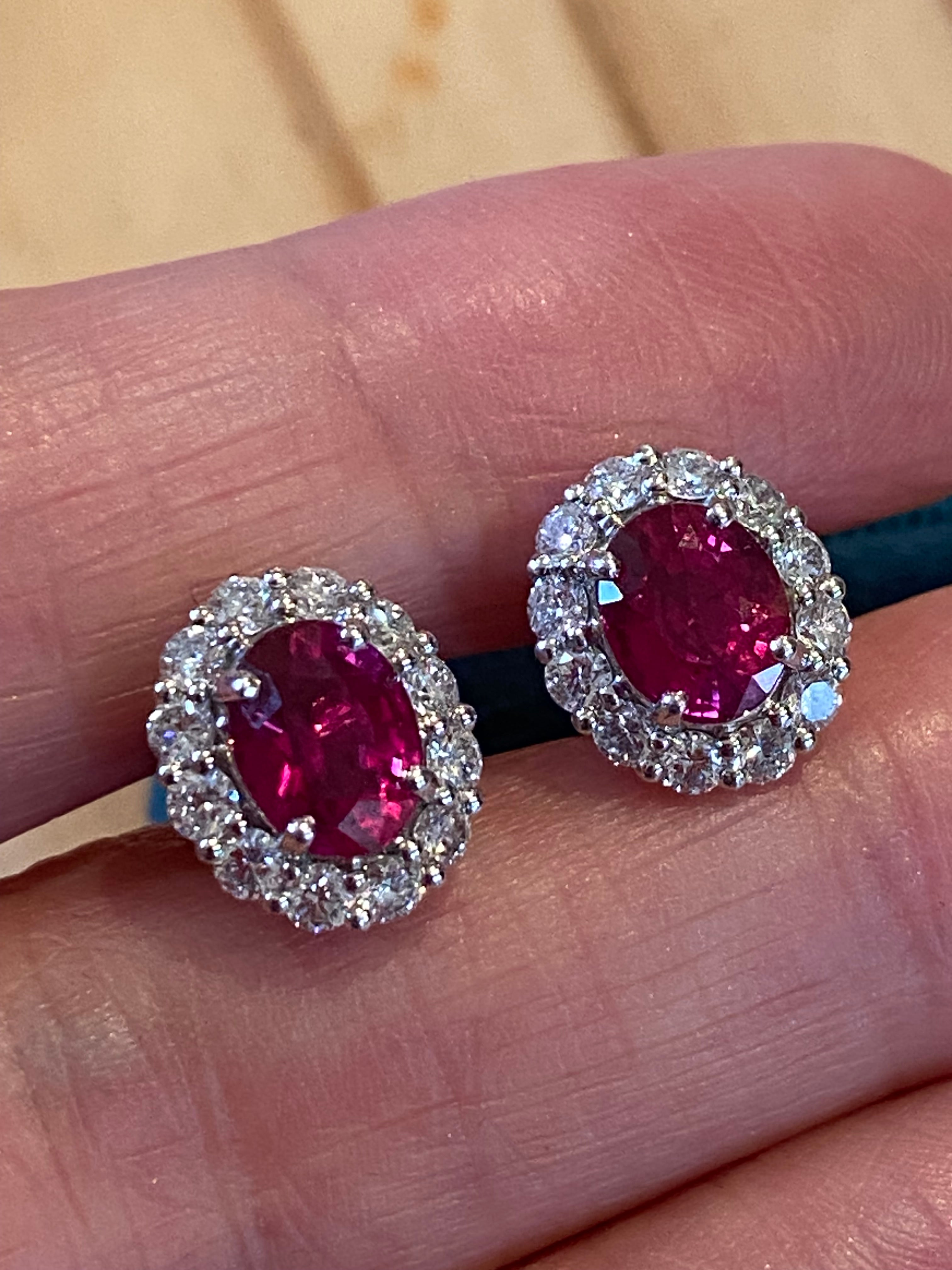 4.27 CTW Certified No Heat Ruby and Natural Diamond Stud Earrings in 18ct White Gold