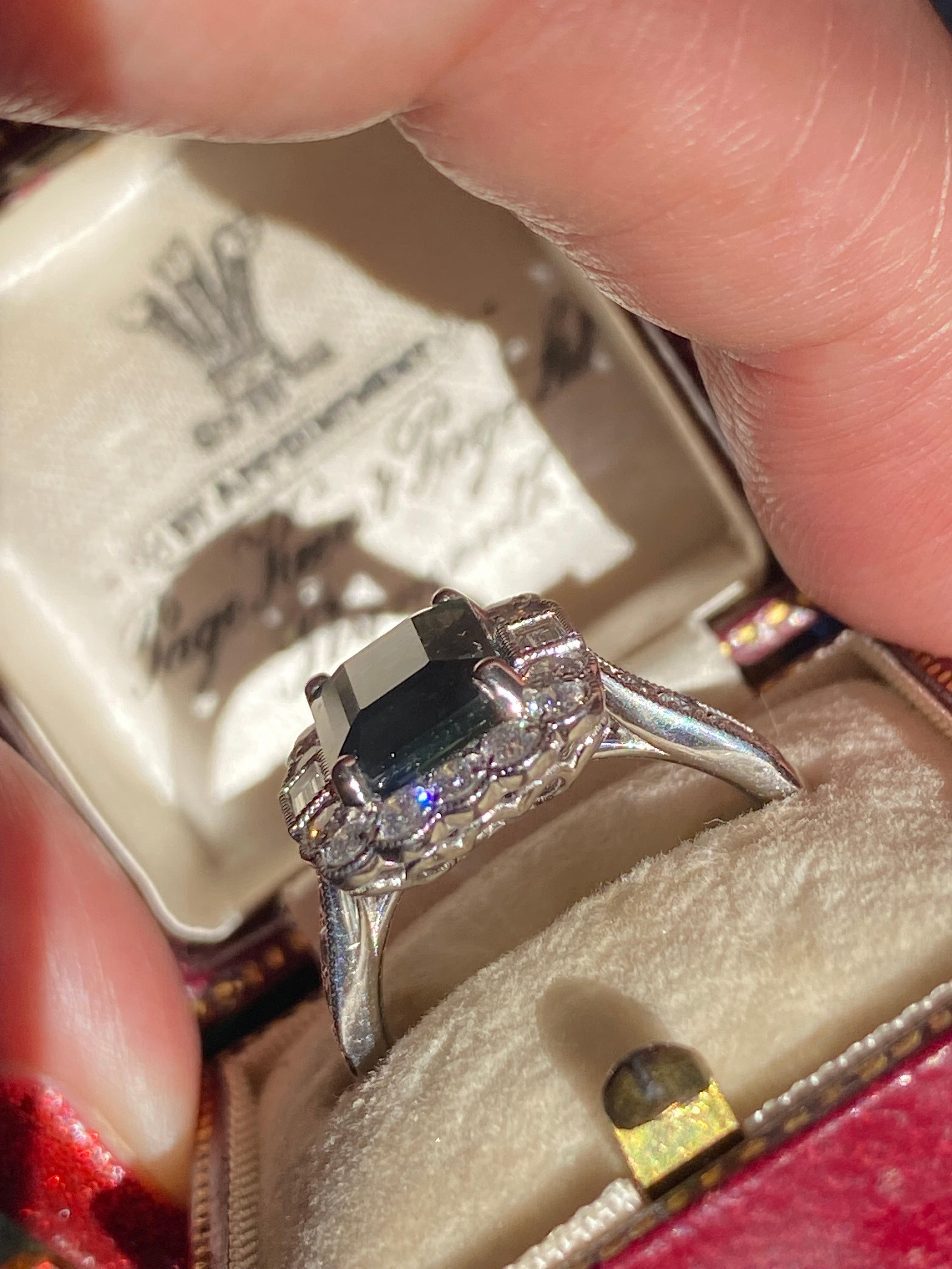 3.73 Carat Teal Sapphire and Natural Diamond Ring in Platinum