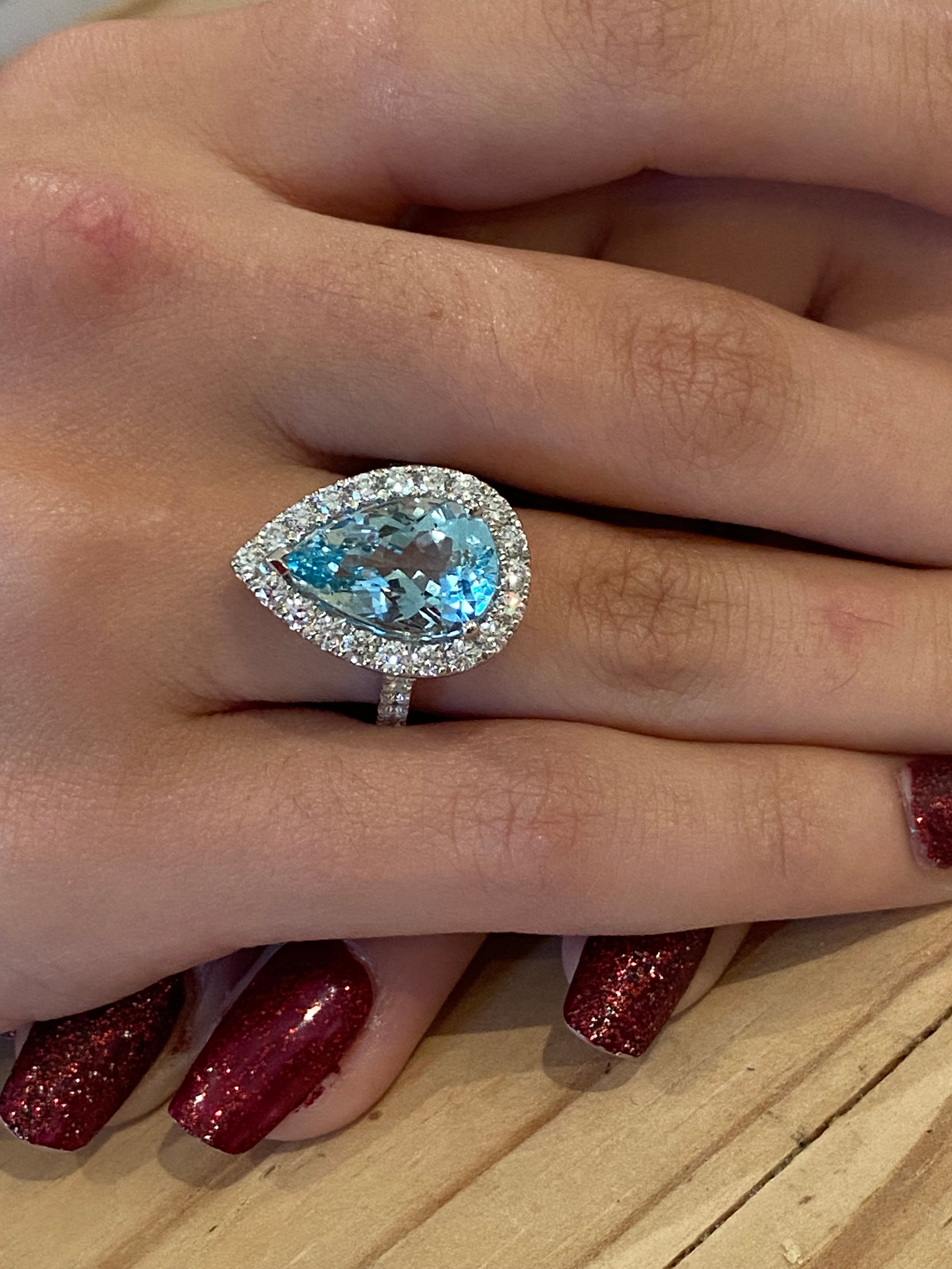 5.36 Carat Pear Cut Aquamarine and 1.38ctw Natural Diamond Ring in Platinum