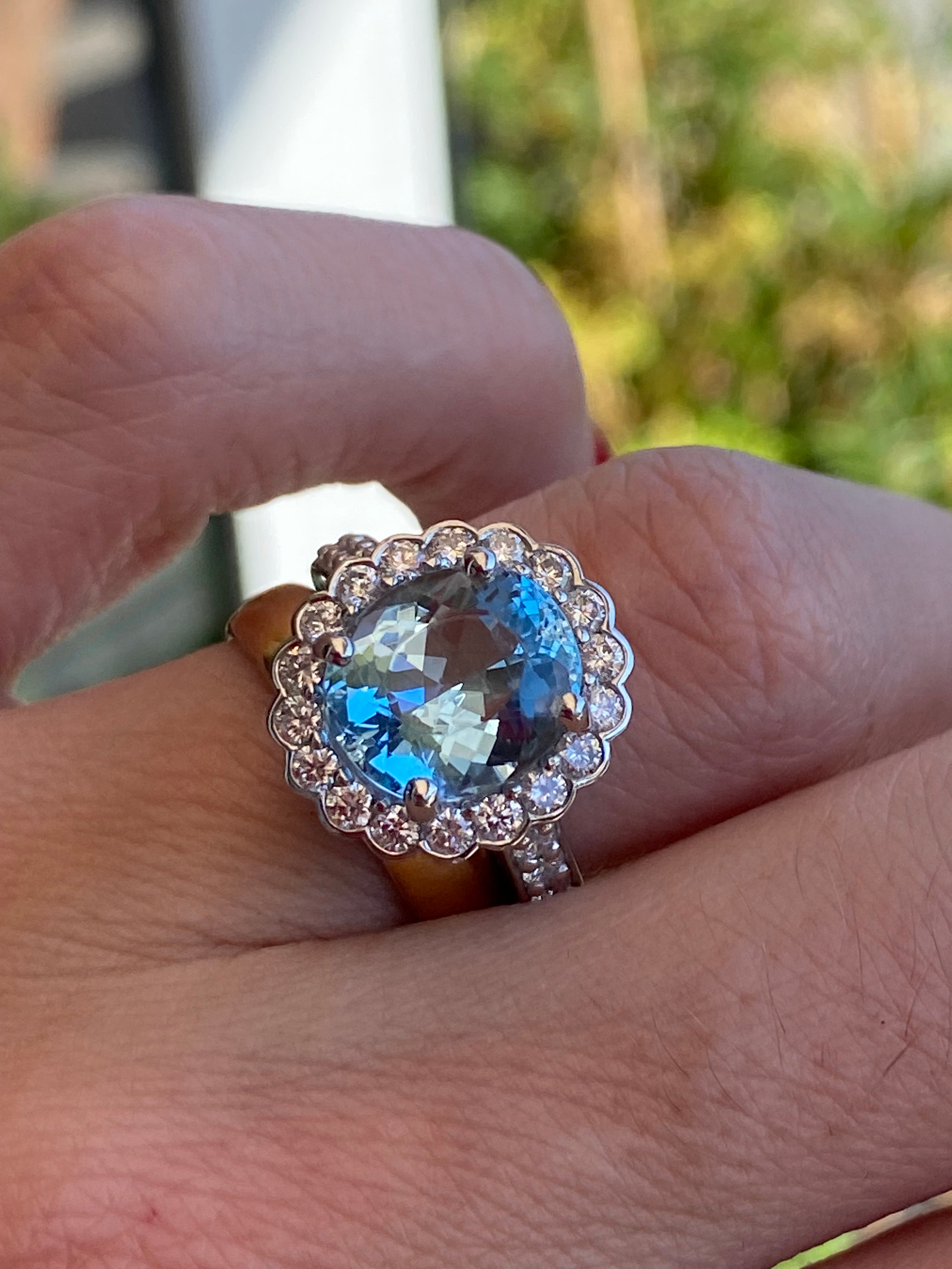 4.53 CTW Oval Cut Aquamarine and Natural Diamond Halo Engagement Ring in Platinum