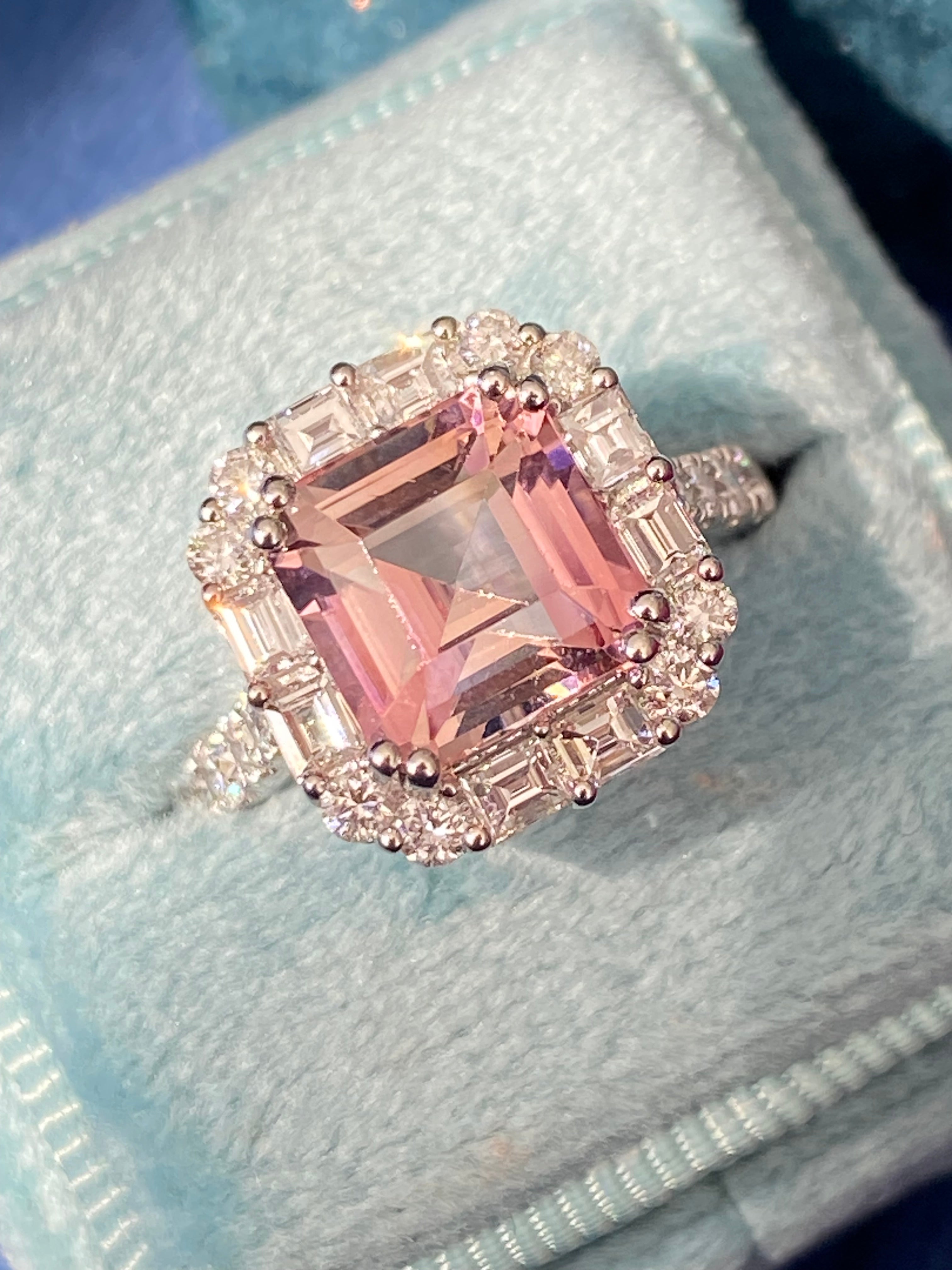4.71 CTW Emerald Cut Pink Tourmaline and Natural Diamond Halo Ring in Platinum