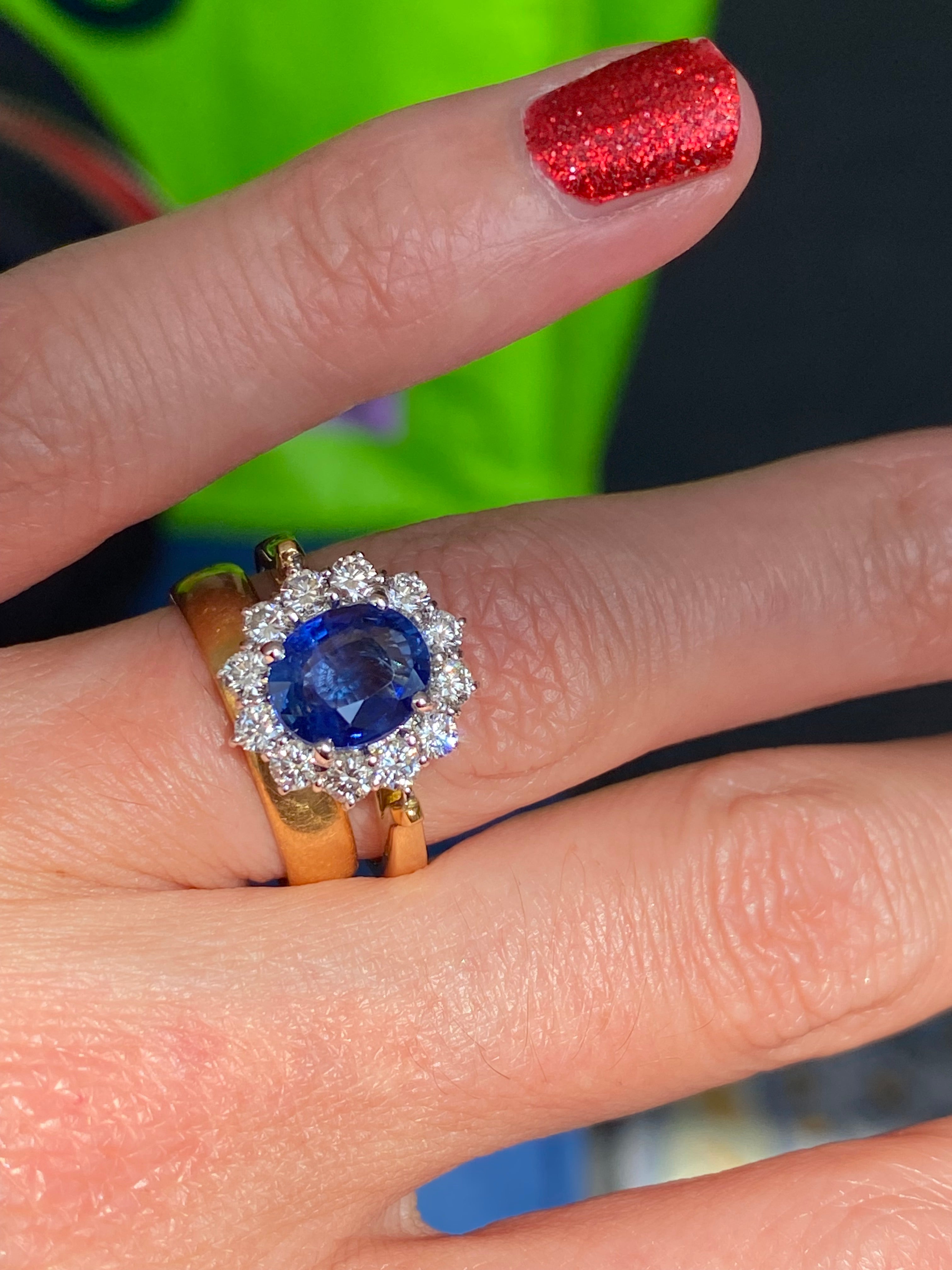 3.31 CTW Ceylon Sapphire and Natural Diamond Halo Ring in 18ct Gold
