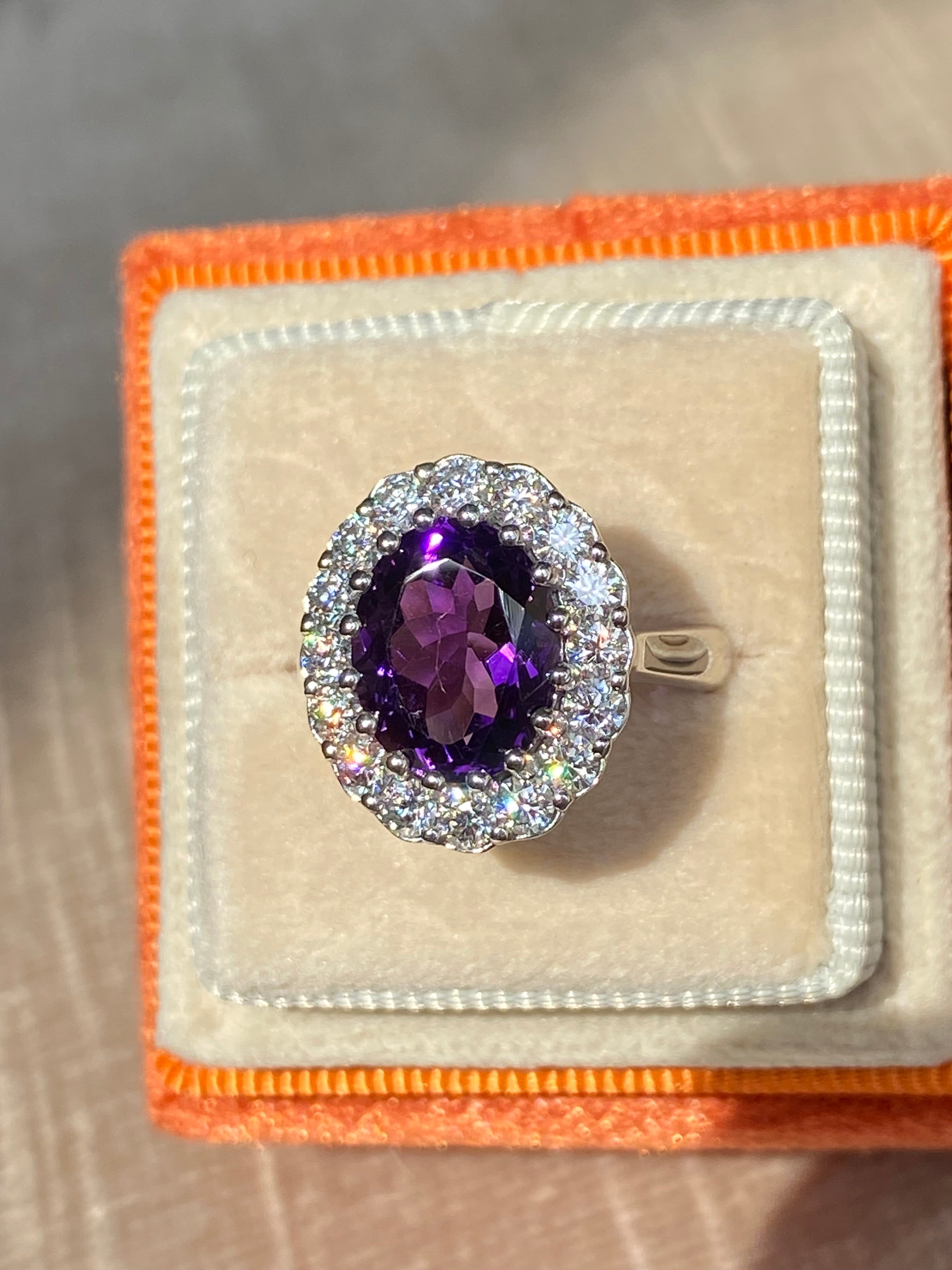 5.50 CTW Oval Cut Amethyst and Moissanite Halo Cocktail Ring