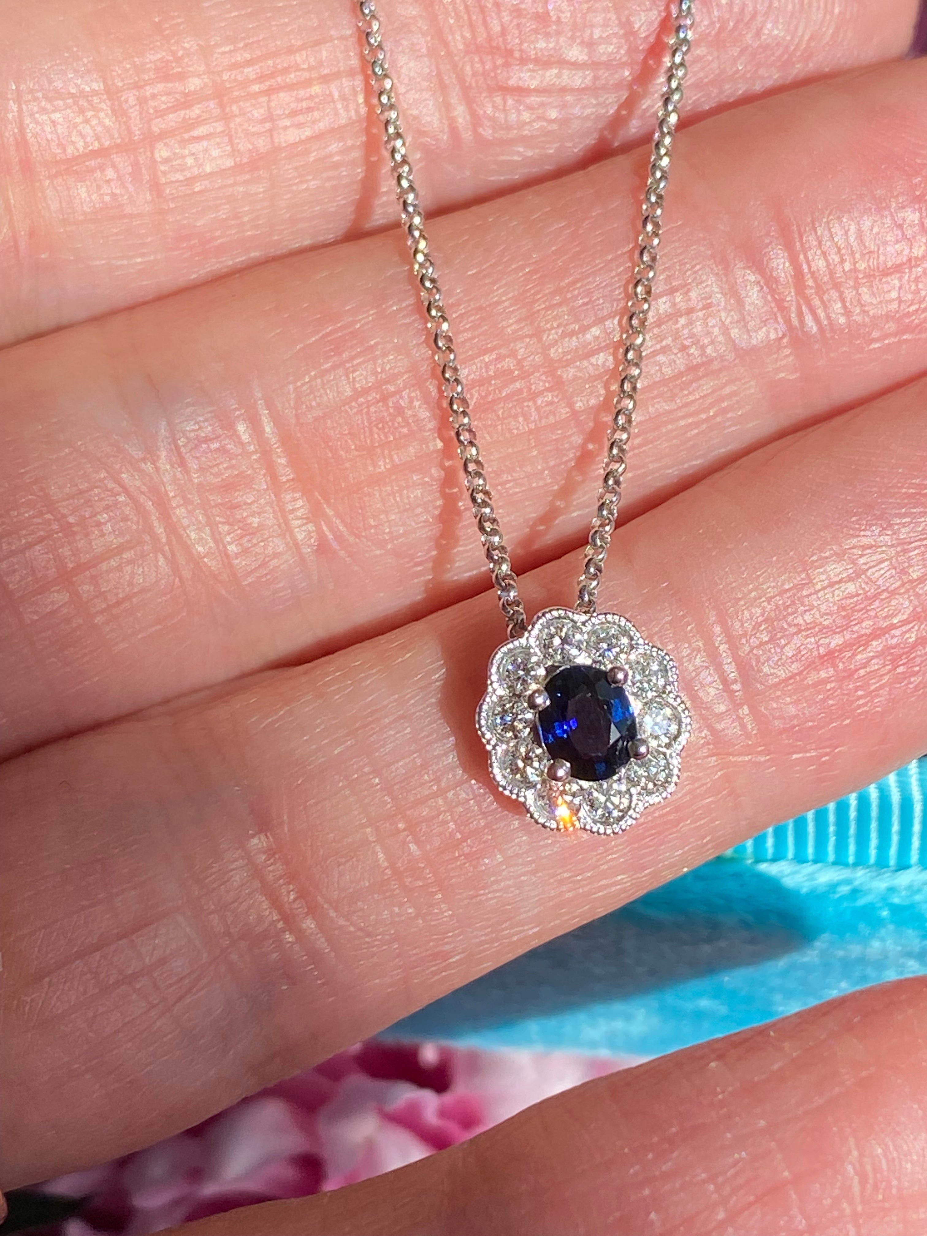 0.73 CTW Sapphire and Natural Diamond Pendant Necklace in 18ct White Gold