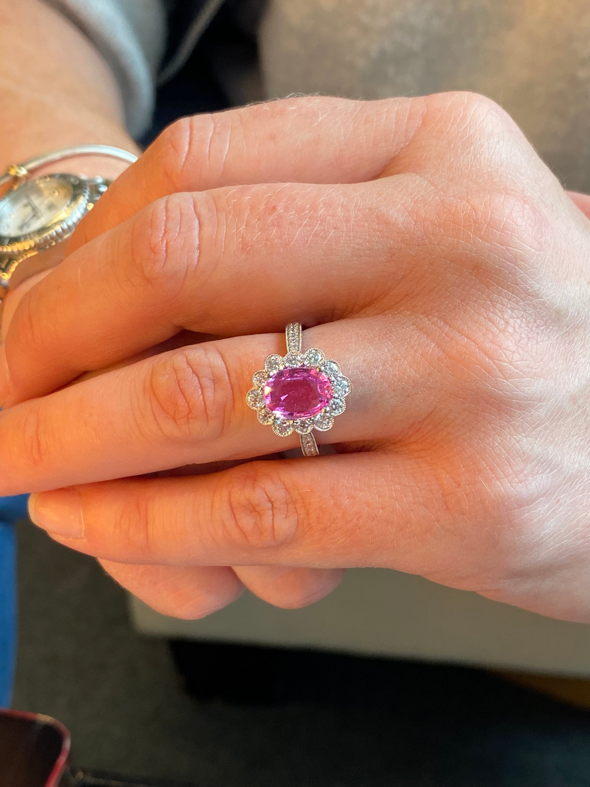 2.92 CTW Oval Cut Pink Sapphire and Natural Diamond Halo Engagement Ring in Platinum