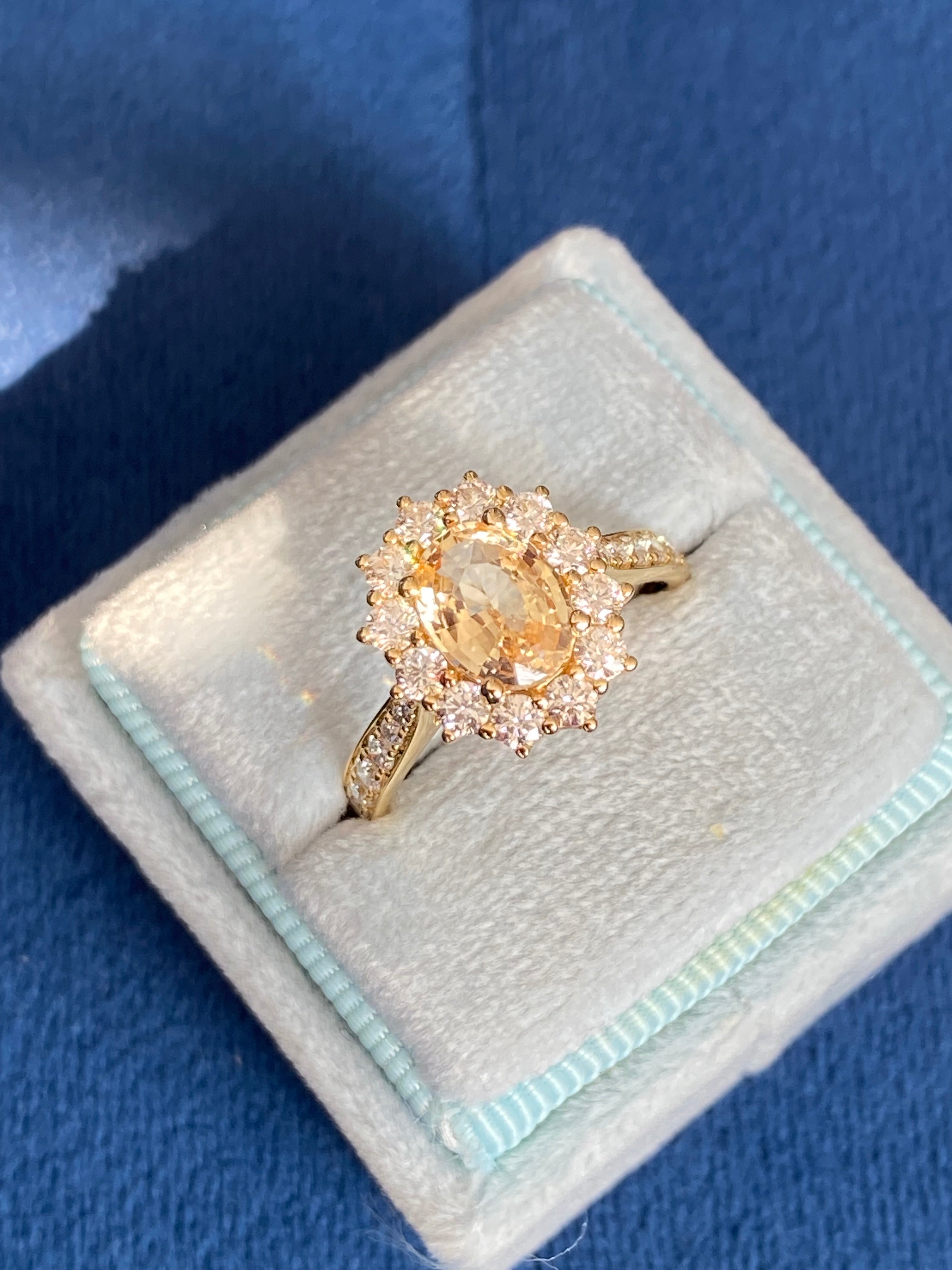2.24 CTW Peach Sapphire and Natural Diamond Halo Ring in 18ct Yellow Gold