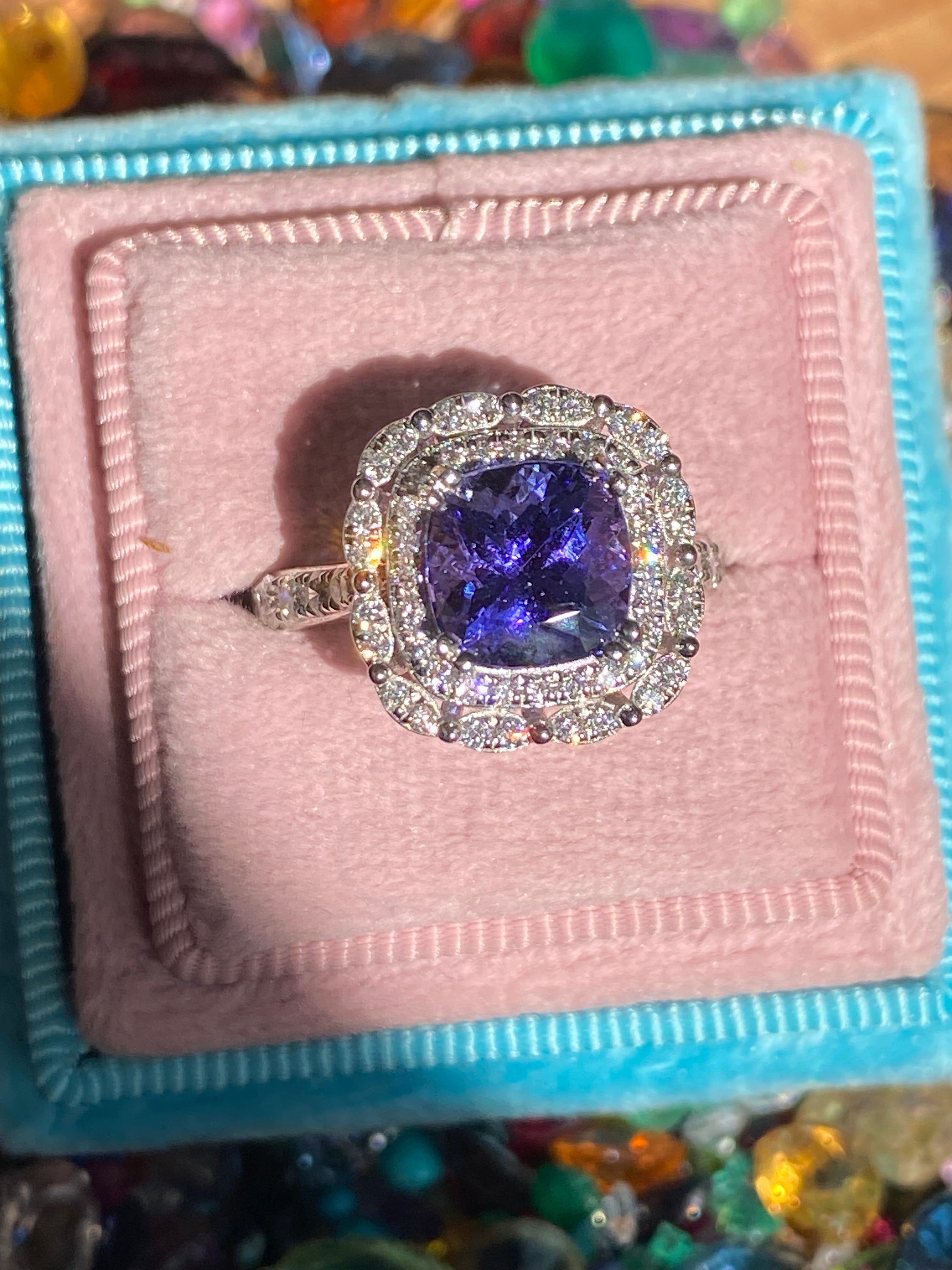 2.36 Carat Cushion Cut Tanzanite and 0.71 ctw Natural Diamond Ring in Platinum