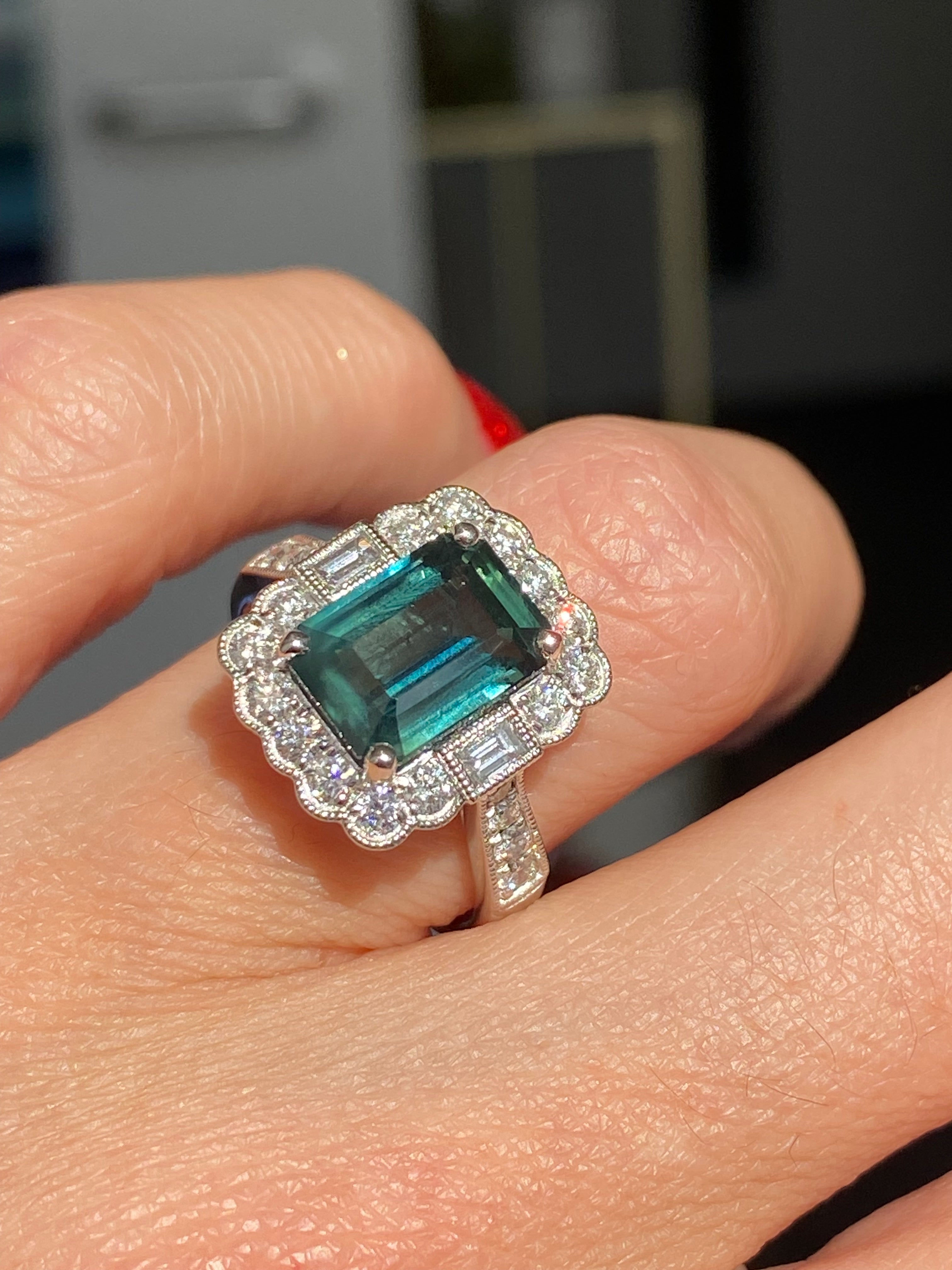 3.73 Carat Teal Sapphire and Natural Diamond Ring in Platinum