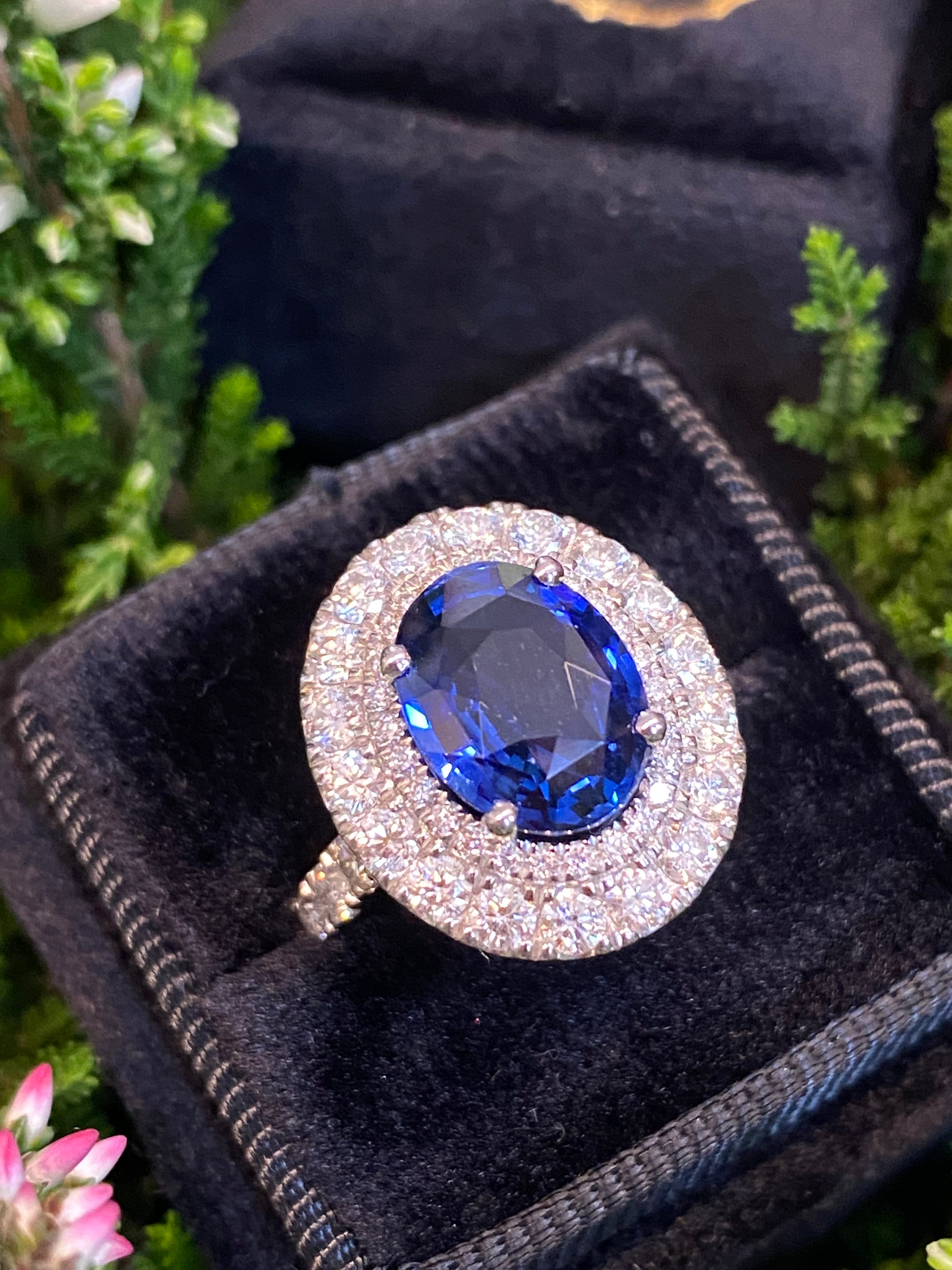 4.29 Carat Blue Ceylon Sapphire and 1.67 CTW Natural Diamond Halo Ring in Platinum