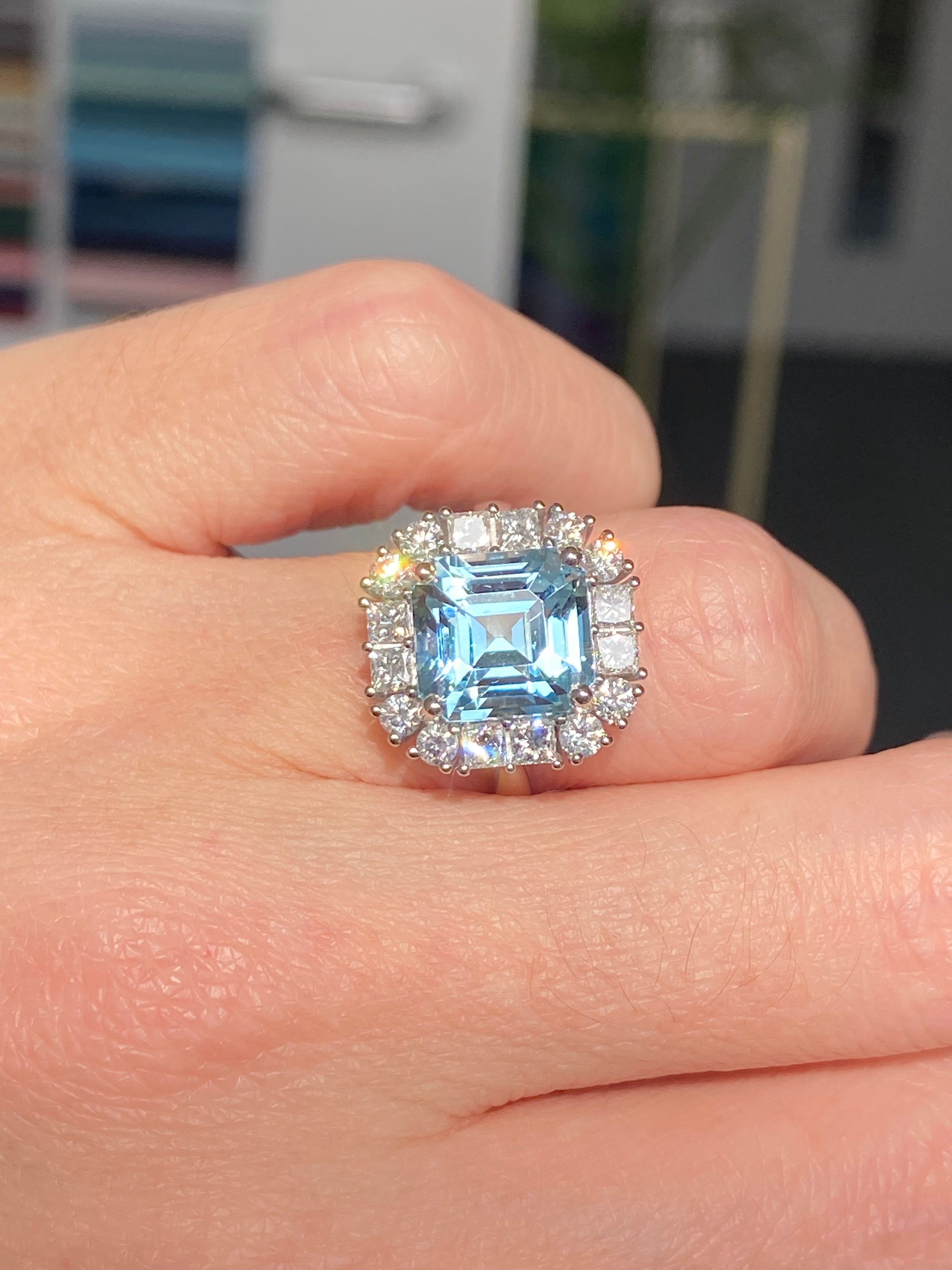 6.11 CTW Emerald Cut Aquamarine and Natural Diamond Halo Engagement Ring in Platinum