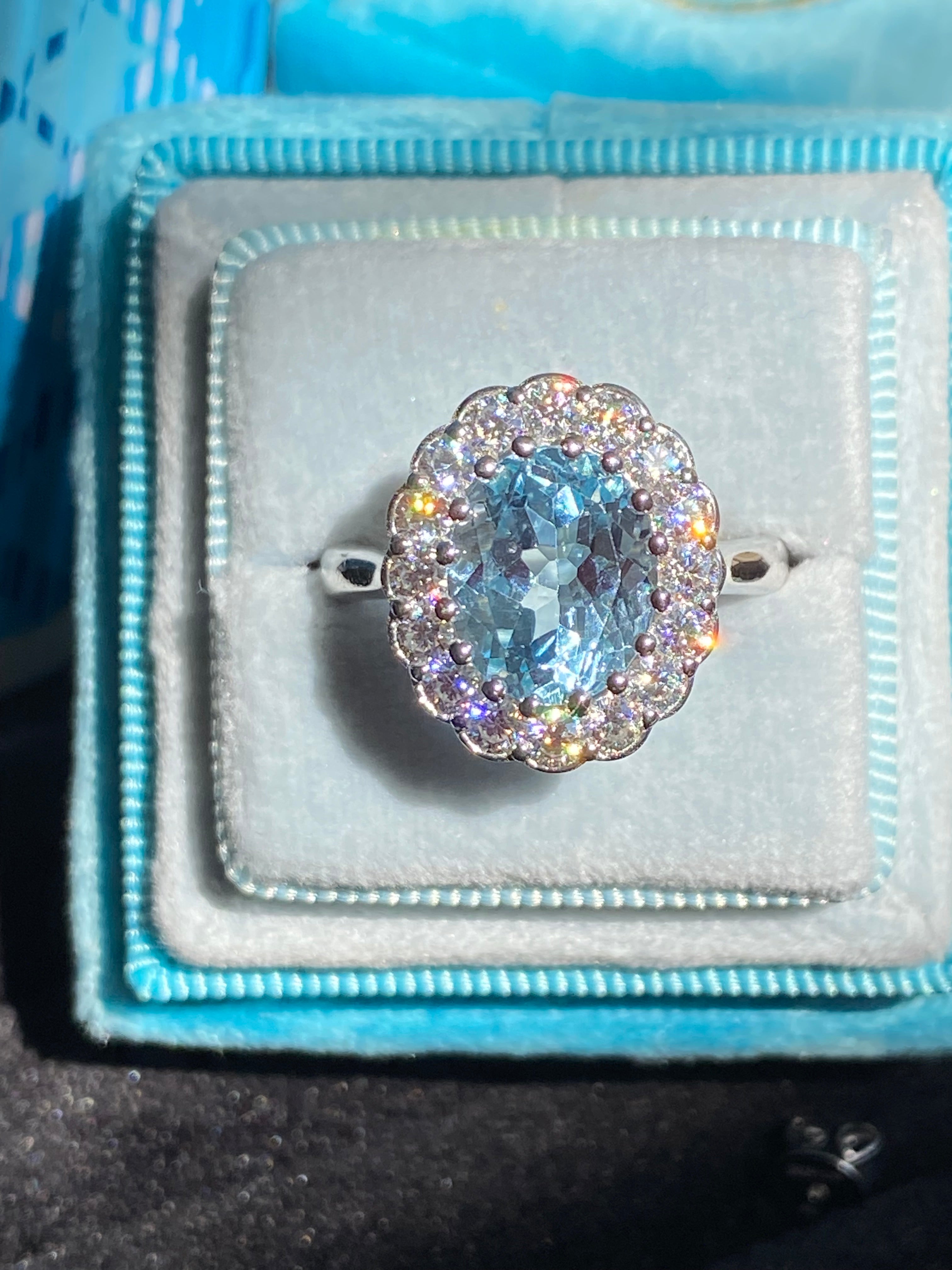 5.50 CTW Oval Cut Blue Topaz and Moissanite Halo Cocktail Ring