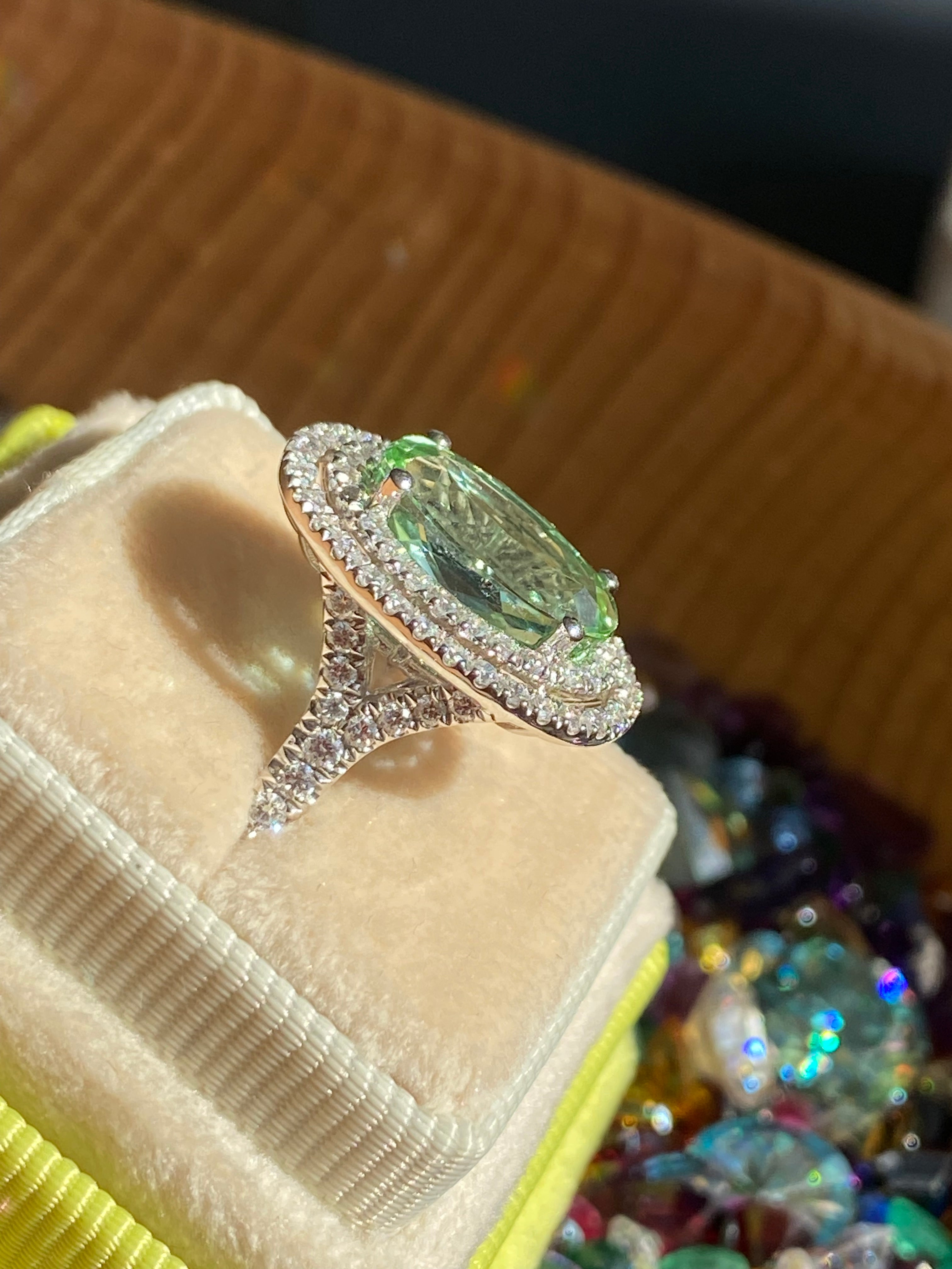 4.77 CTW Magical Mint Tourmaline and Natural Diamond Double Halo Ring in Platinum