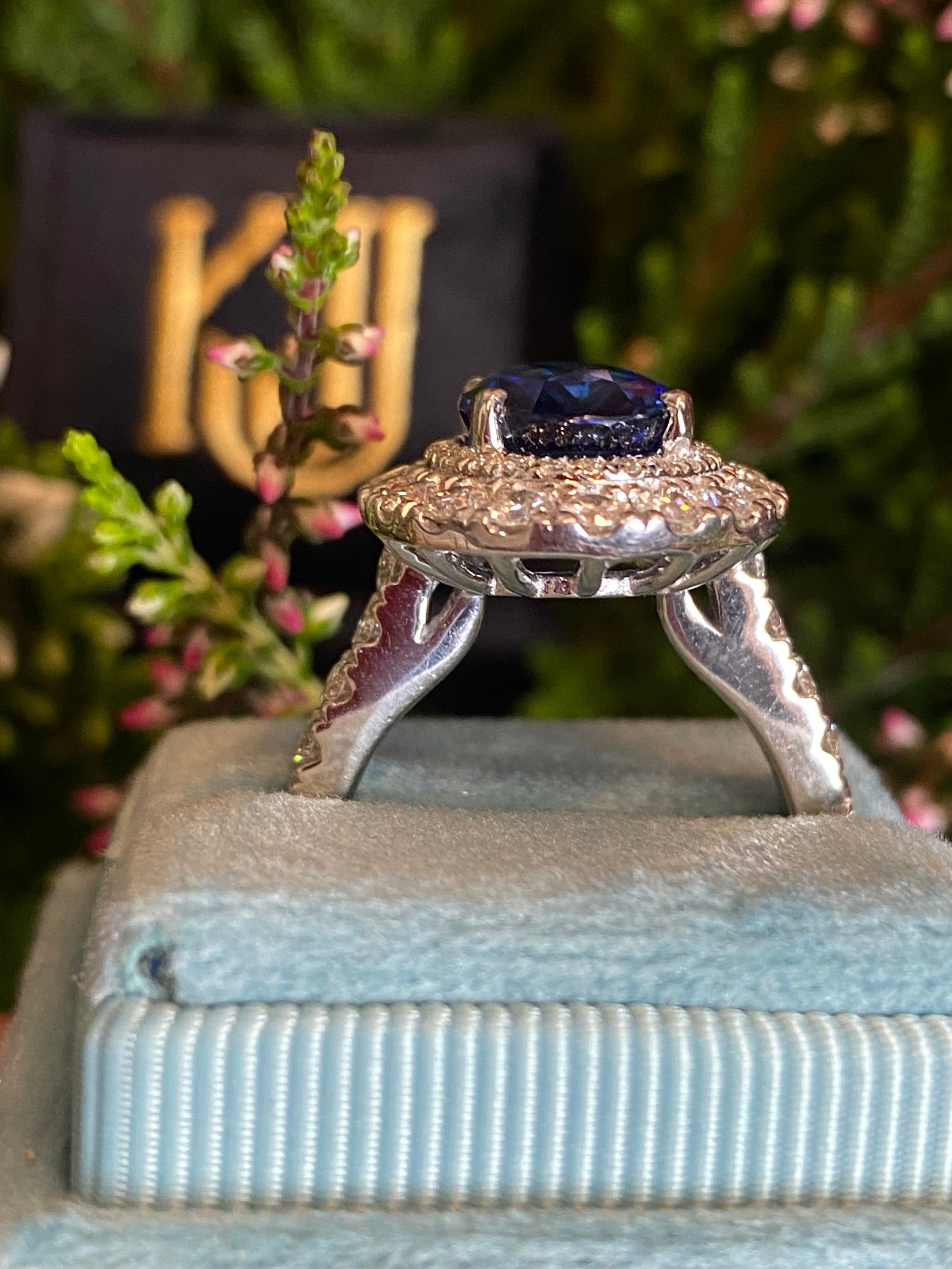4.29 Carat Blue Ceylon Sapphire and 1.67 CTW Natural Diamond Halo Ring in Platinum