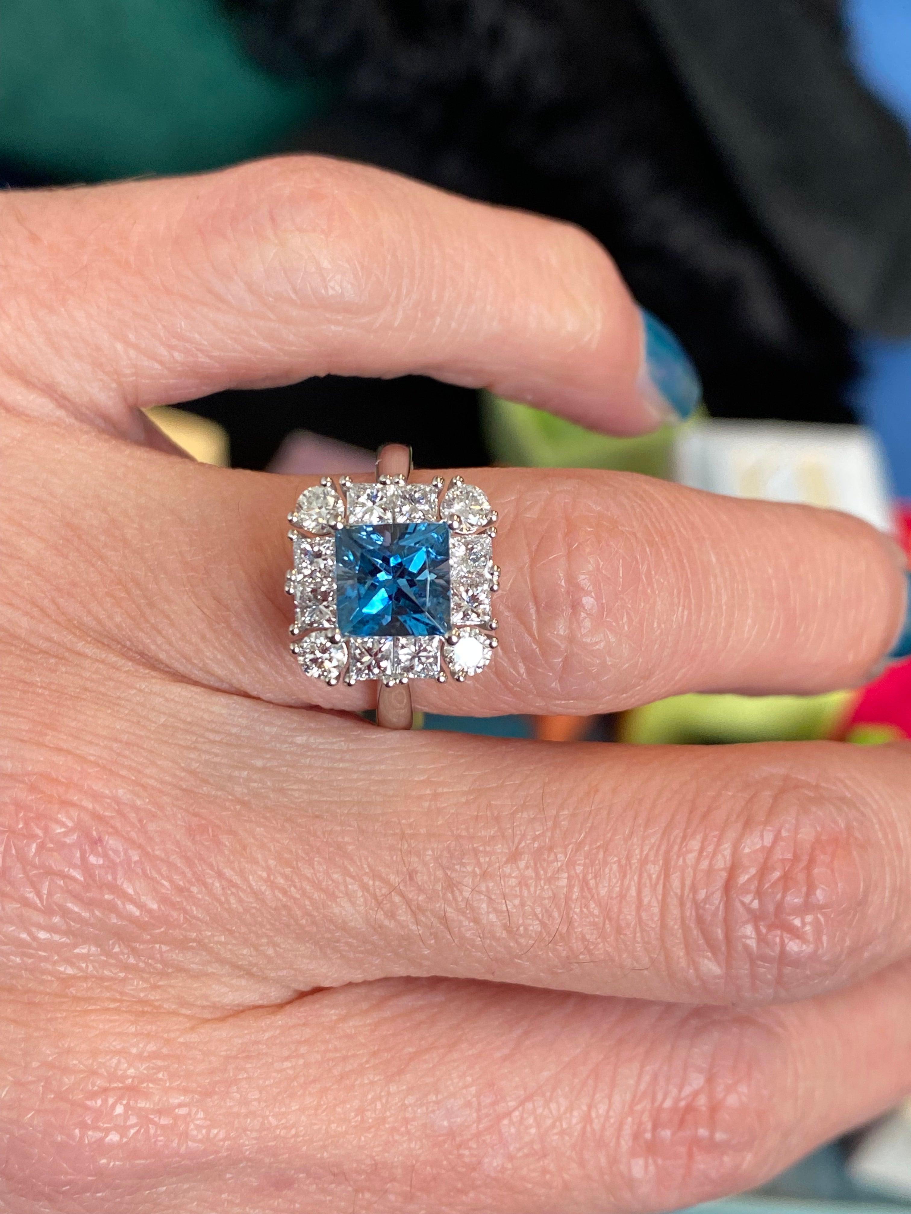 1.55 Carat Princess Cut Aquamarine and 1.32 CTW Natural Diamond Halo Engagement Ring in Platinum