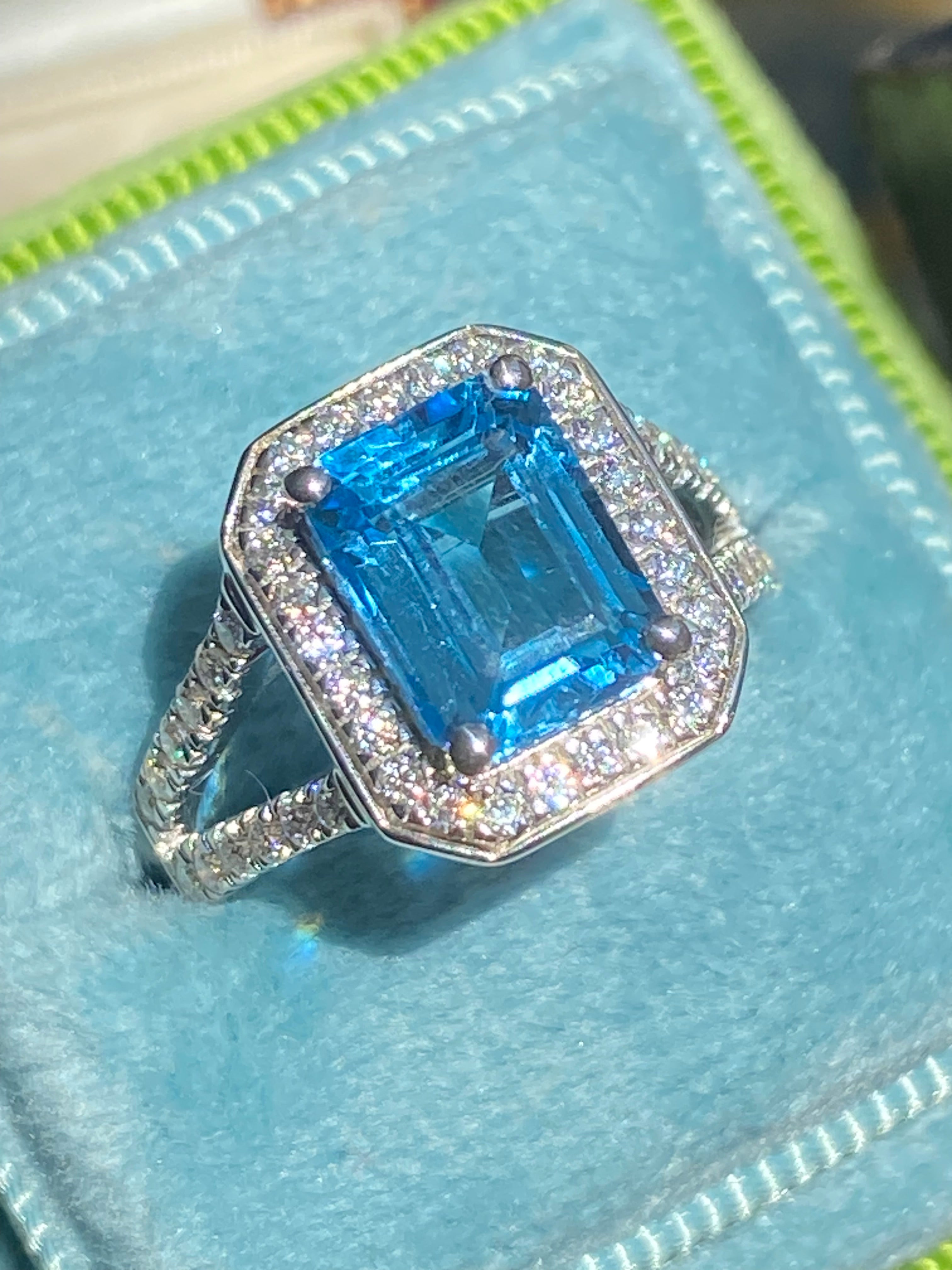 3.10 CTW Emerald Cut Moissanite and Blue Topaz Halo Ring in Sterling Silver