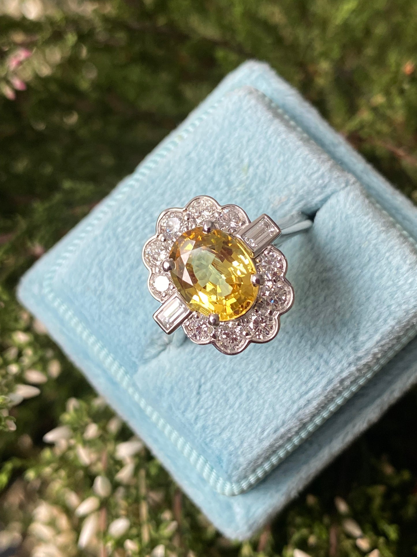 2.45 Carat Yellow Sapphire and Natural Diamond Halo Ring in Platinum