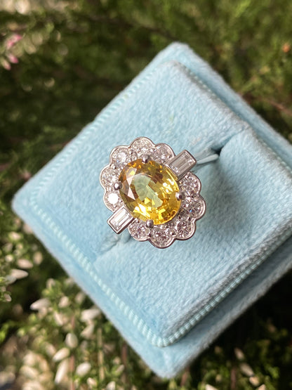 2.45 Carat Yellow Sapphire and Natural Diamond Halo Ring in Platinum