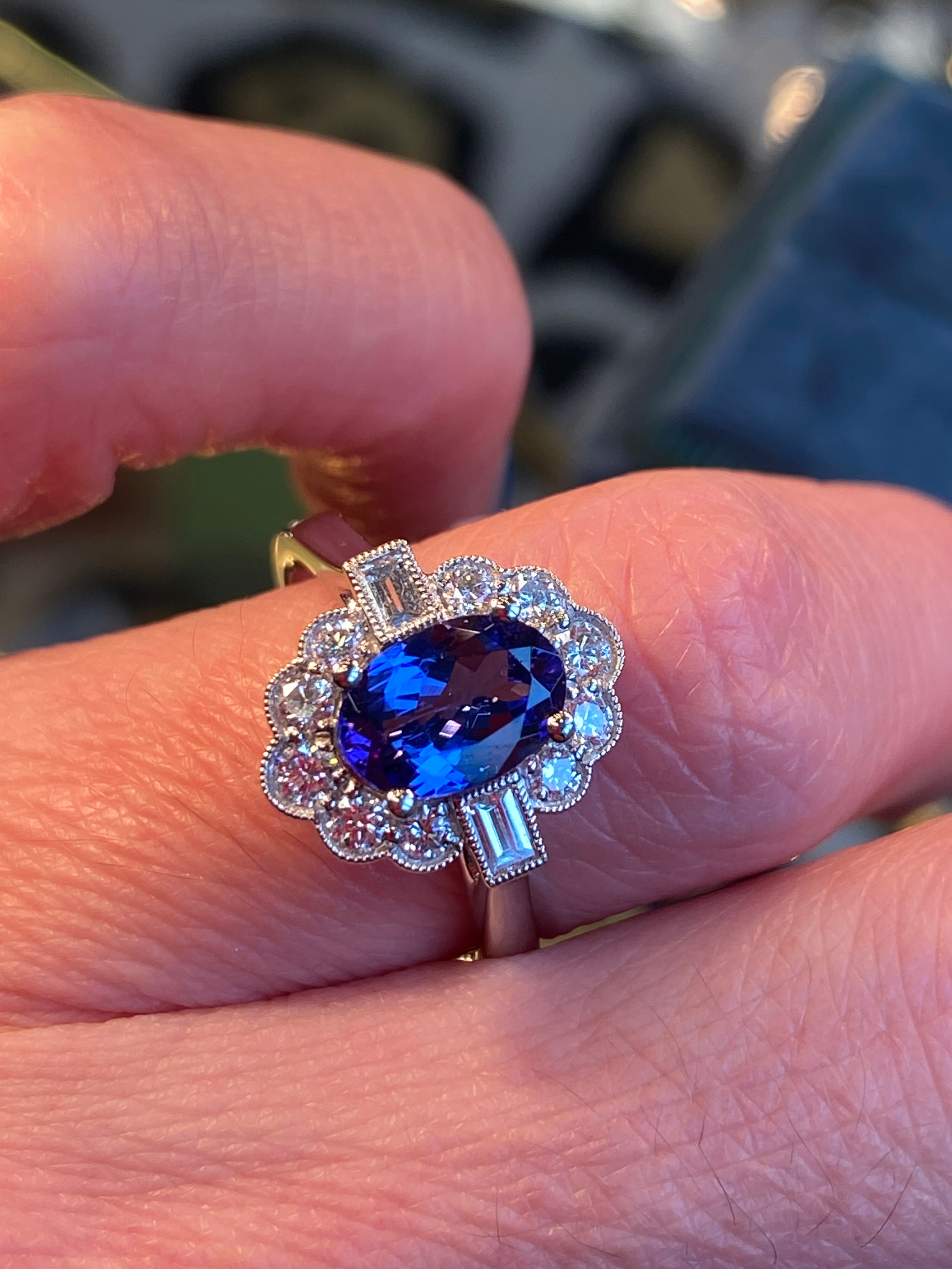 1.86 CTW Tanzanite and Natural Diamond Art Deco Style Ring in Platinum