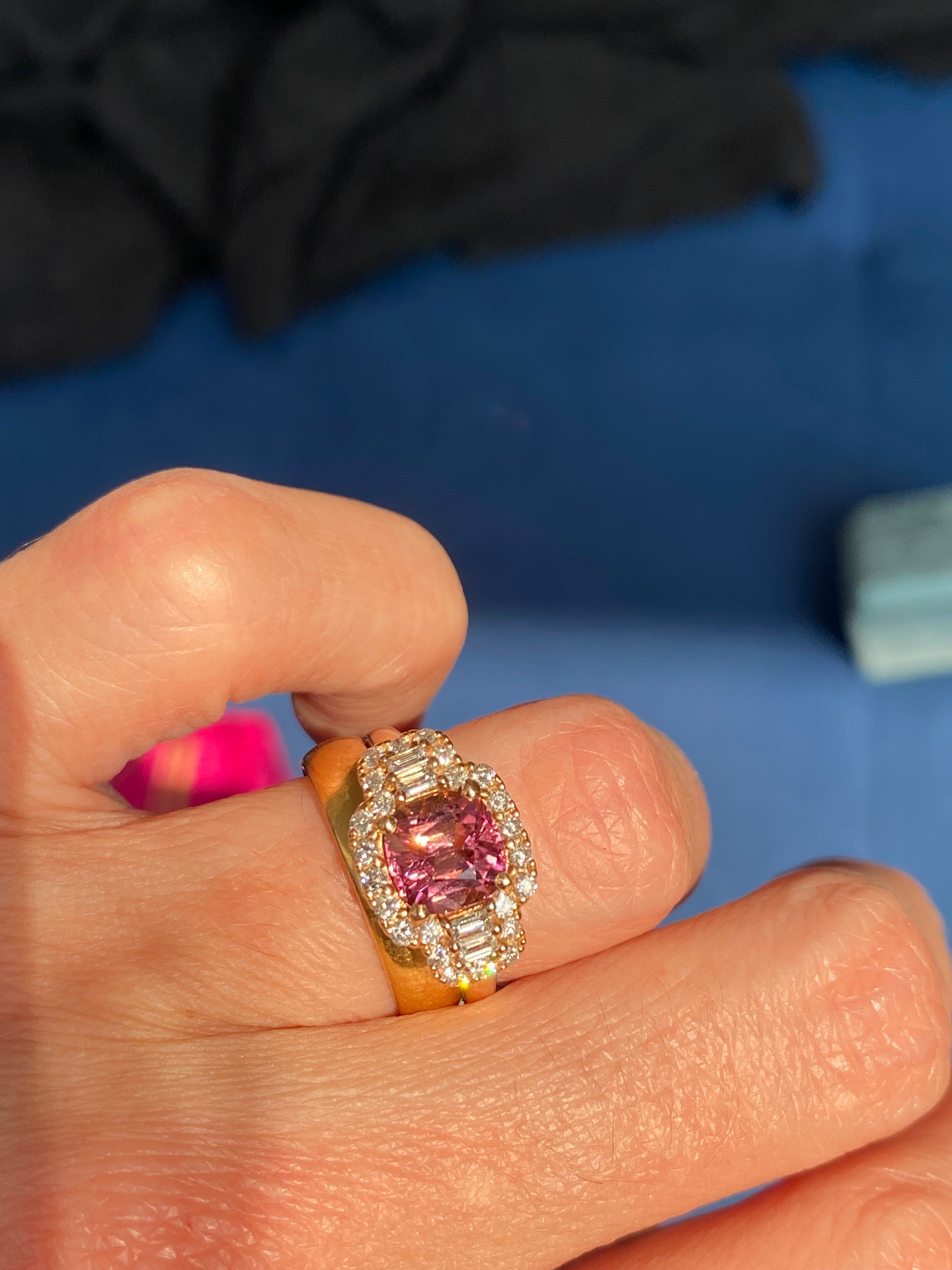 2.02 CTW Pink Tourmaline and Natural Diamond Three Stone Halo Ring in 18ct Rose Gold