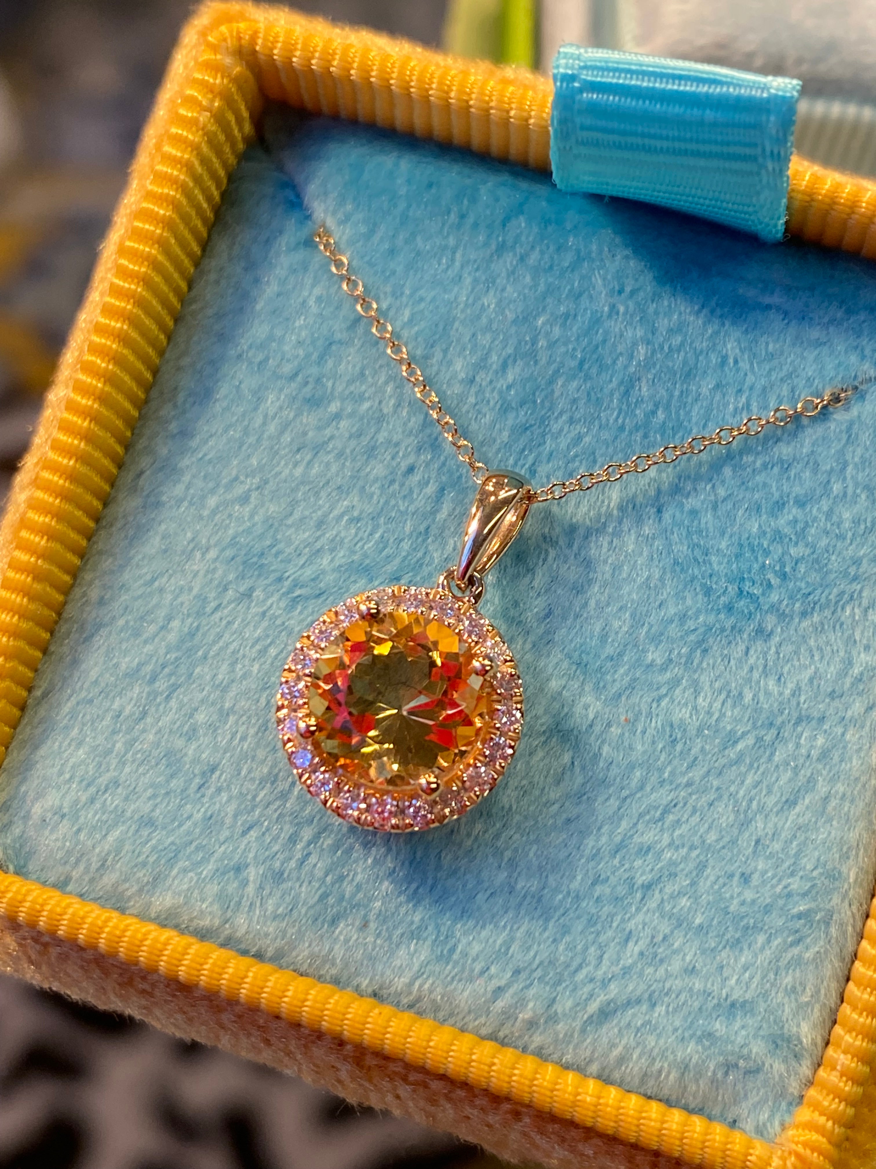 Round Cut Citrine and Natural Diamond Pendant Necklace in 9ct Yellow Gold