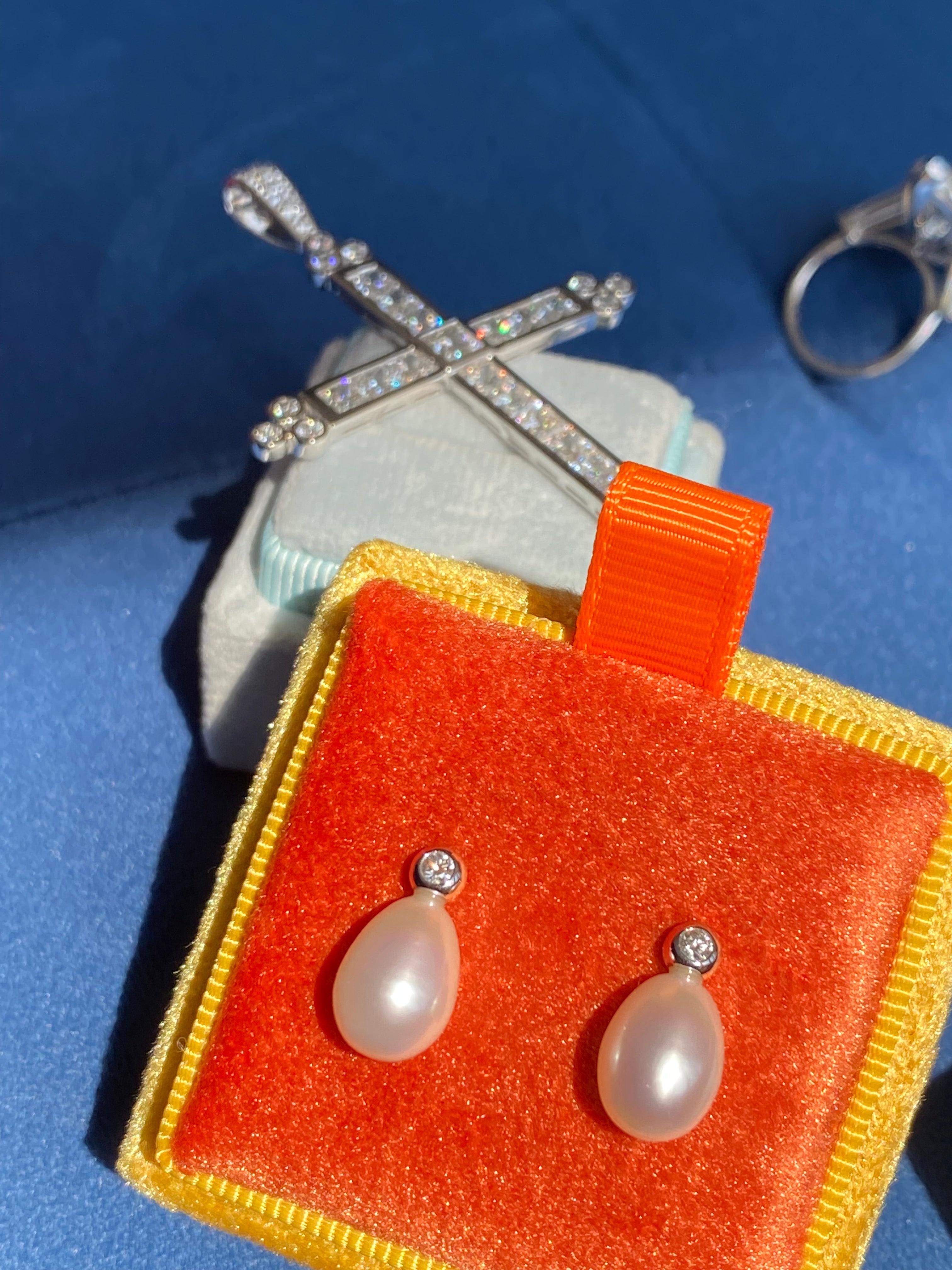 9.20 CTW Oval Pearl and Diamond Stud Earrings in 18ct White Gold