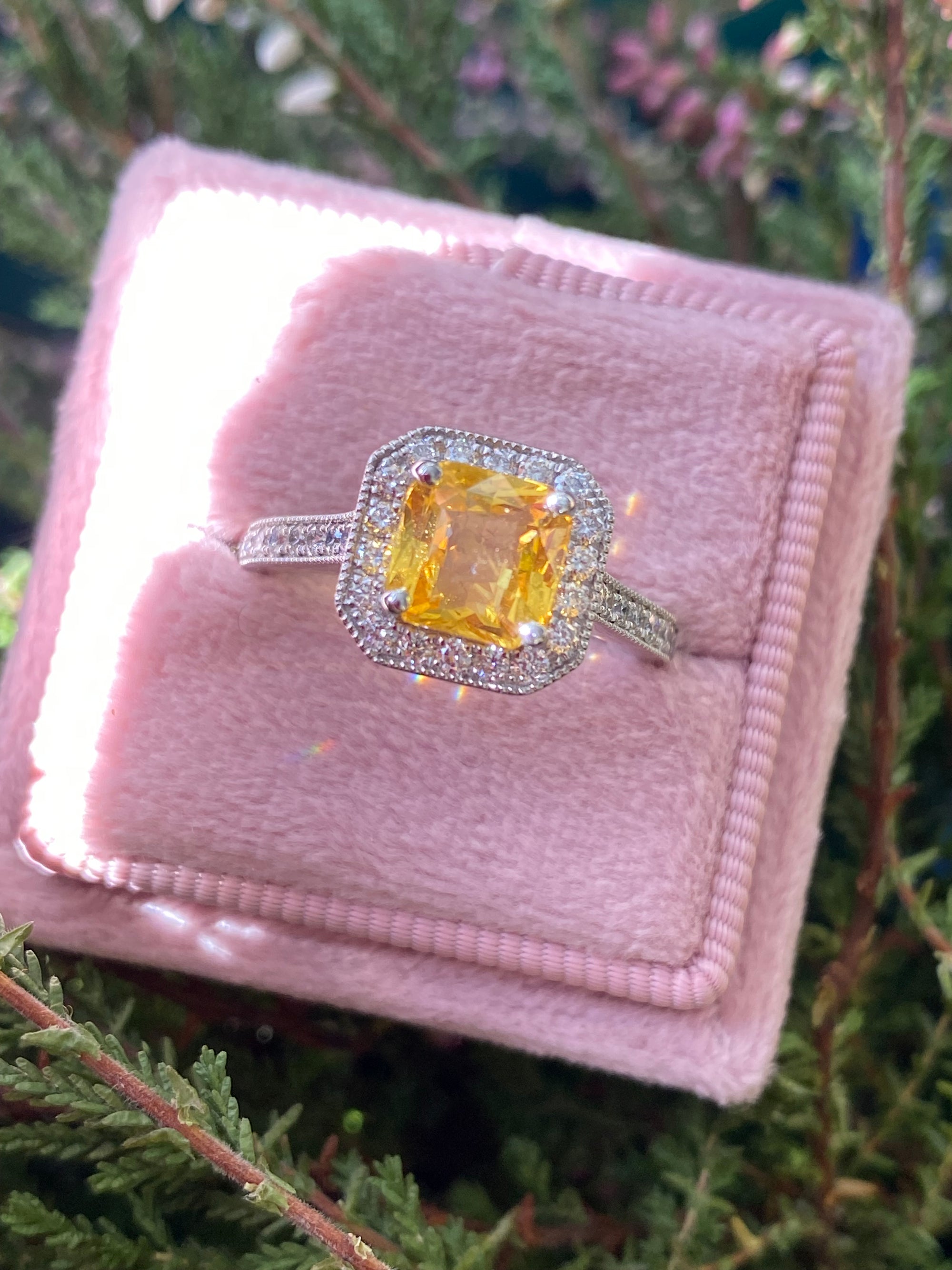 2.06 Carat Yellow Sapphire and Natural Diamond Halo Ring in Platinum