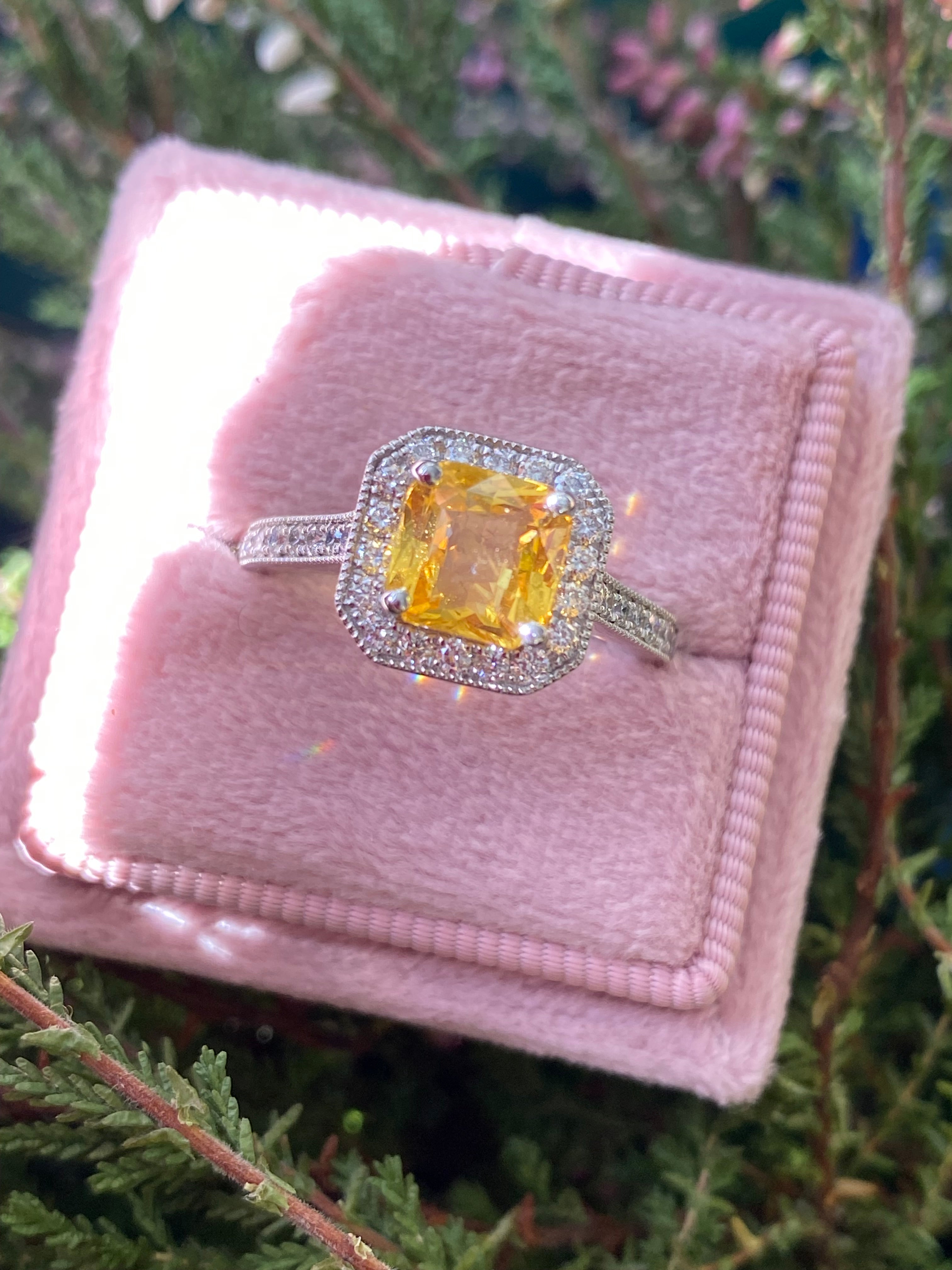 2.06 Carat Yellow Sapphire and Natural Diamond Halo Ring in Platinum