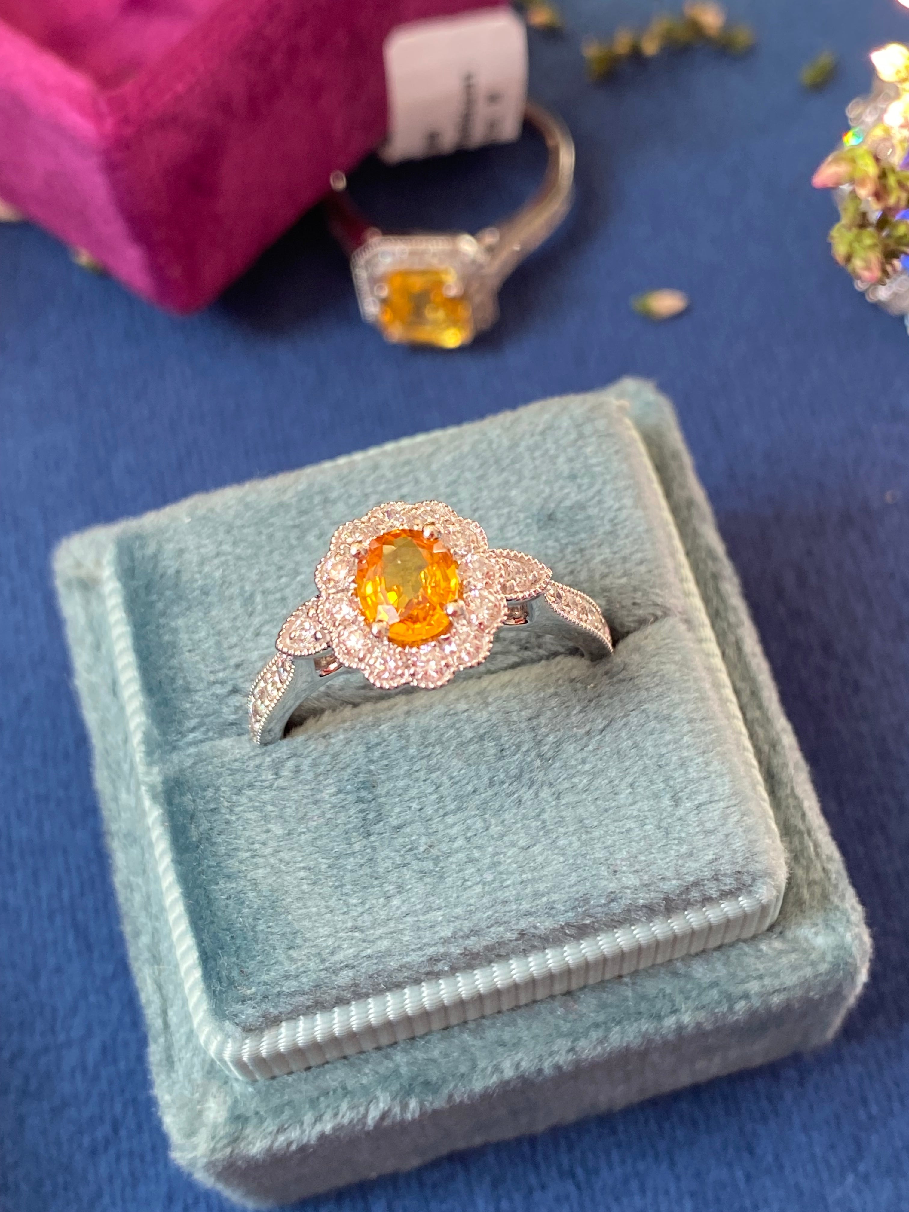 1.20ctw Orangey Yellow Sapphire and Natural Diamond Halo Ring in Platinum