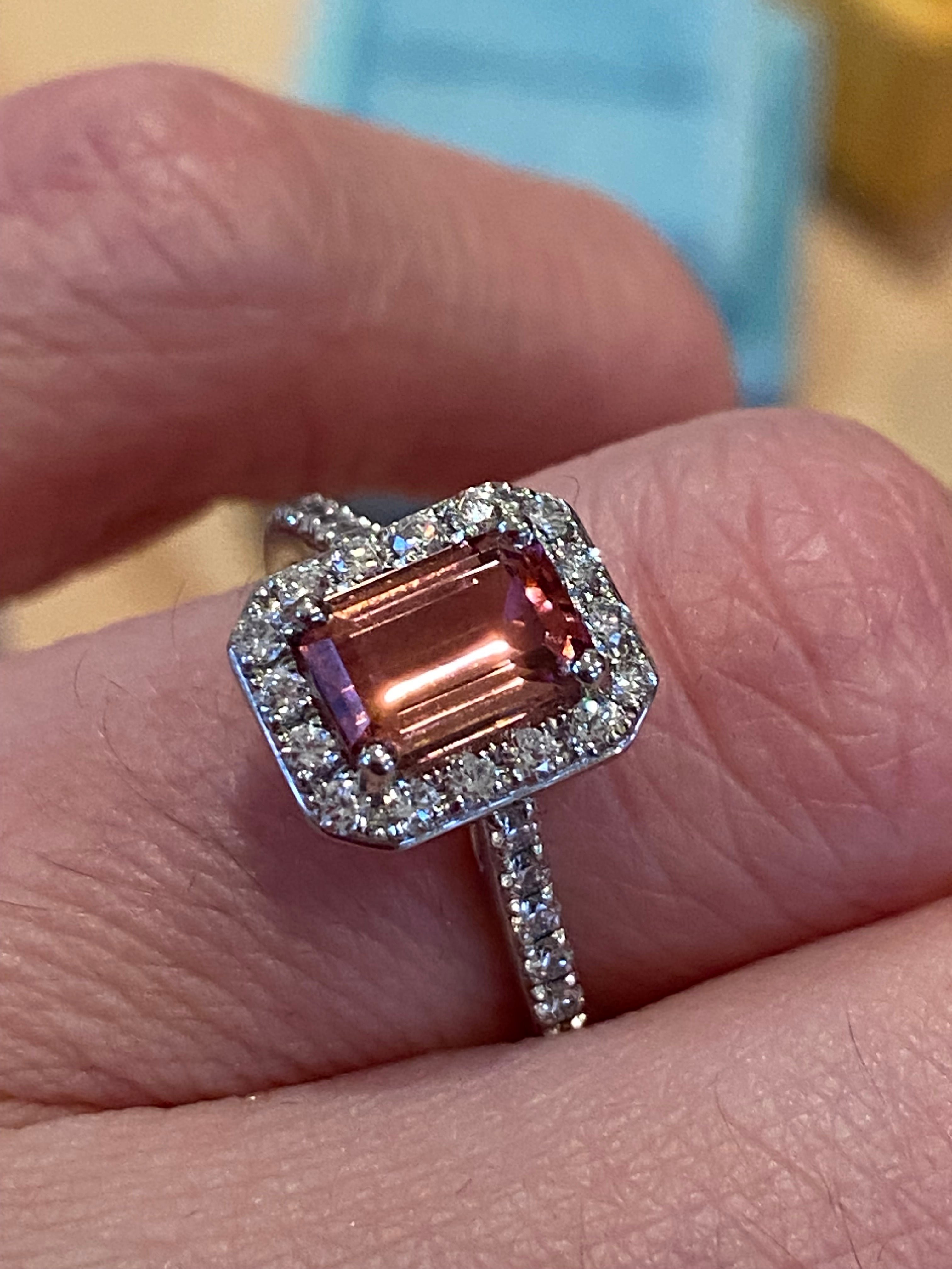 1.42 CTW Emerald Cut Pink Tourmaline and Natural Diamond Halo Ring in Platinum
