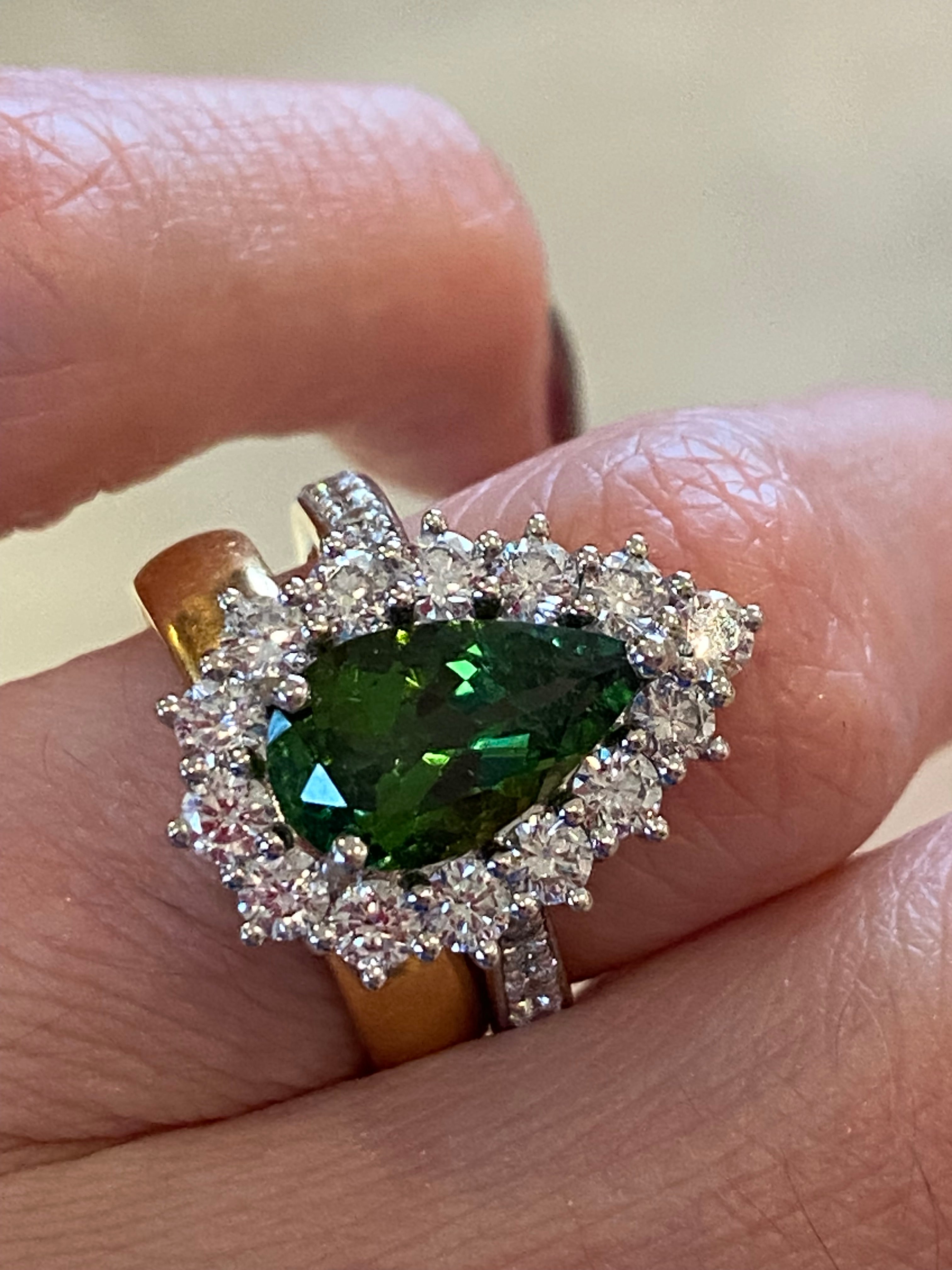 3.97 CTW Pear Cut Green Tourmaline and Natural Diamond Ring in Platinum