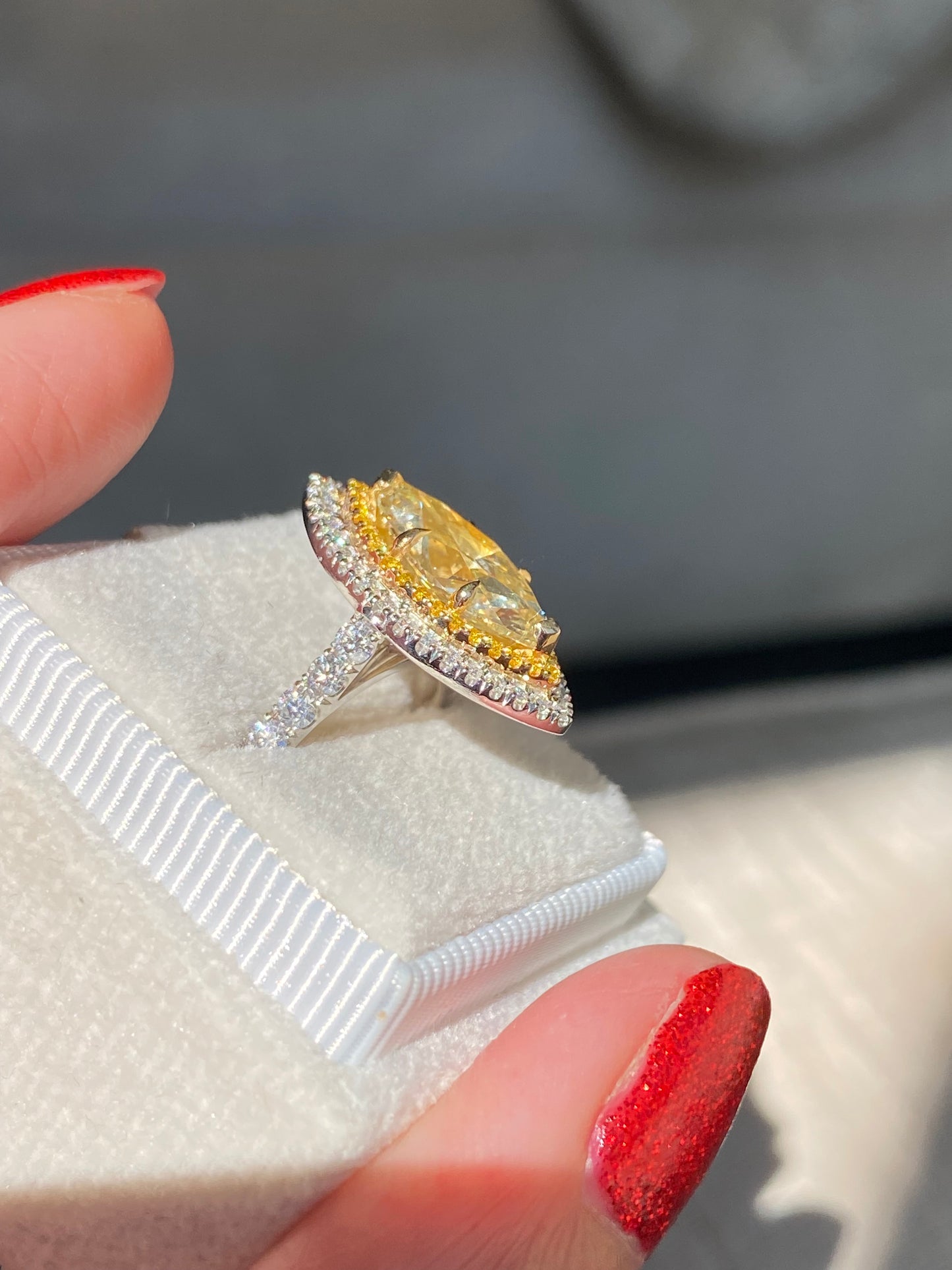 3.21 ctw Marquise Cut Natural Yellow Diamond Engagement Ring in Platinum and 18ct Yellow Gold