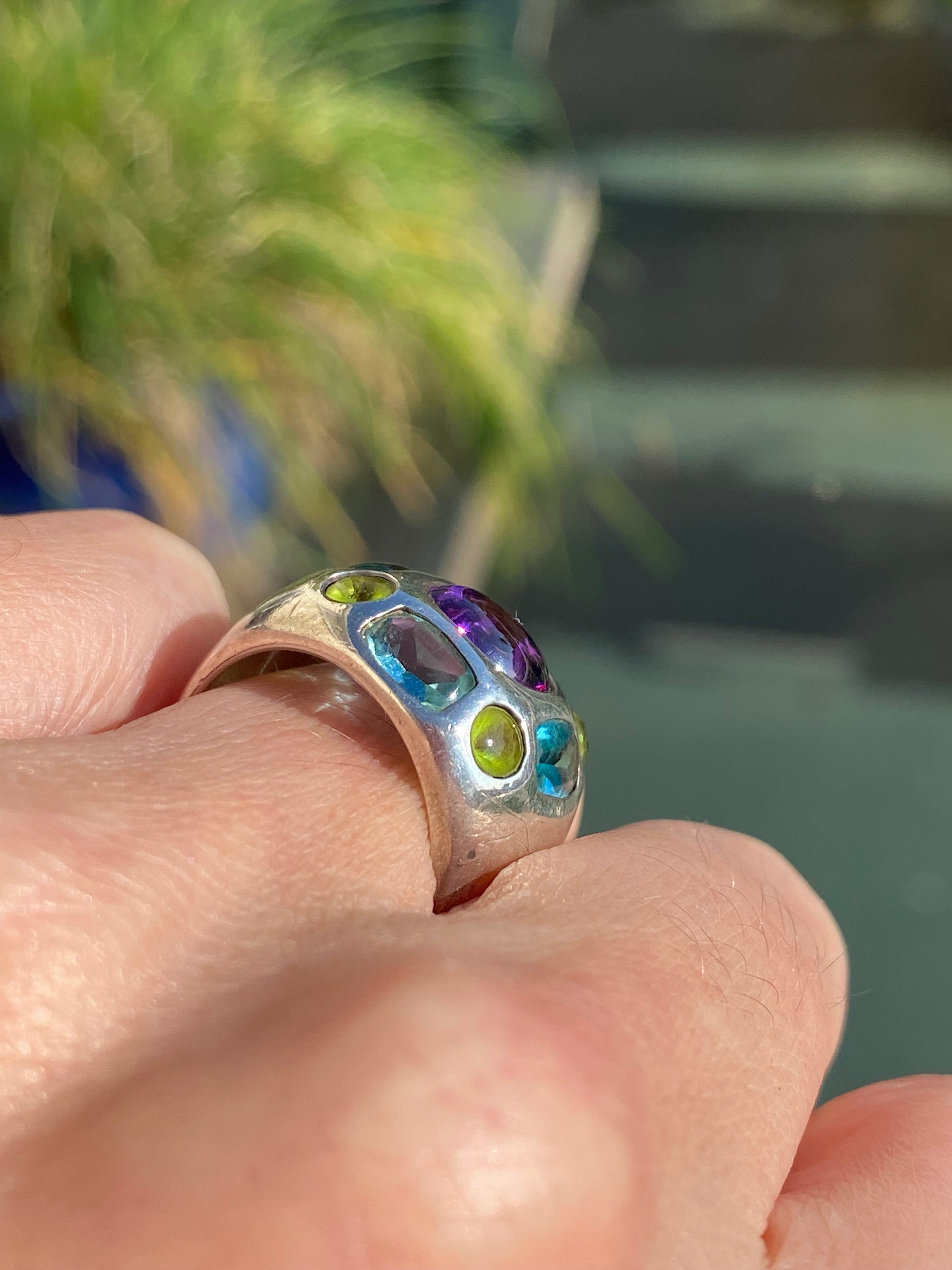 Beautiful Vintage Amethyst, Peridot and Blue Topaz Ring in Sterling Silver