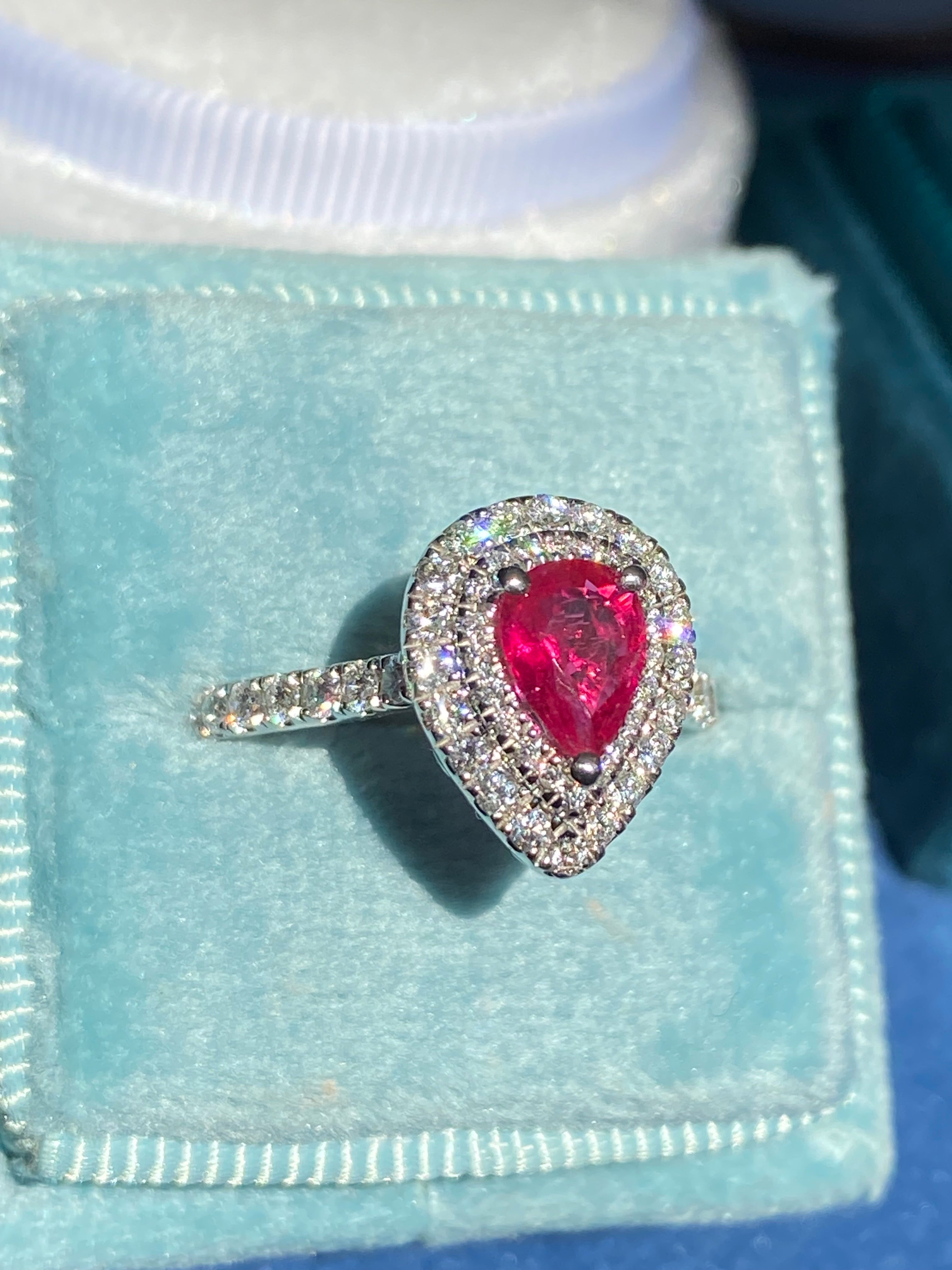 1.16 CTW Pear Cut Ruby and Natural Diamond Ring in Platinum