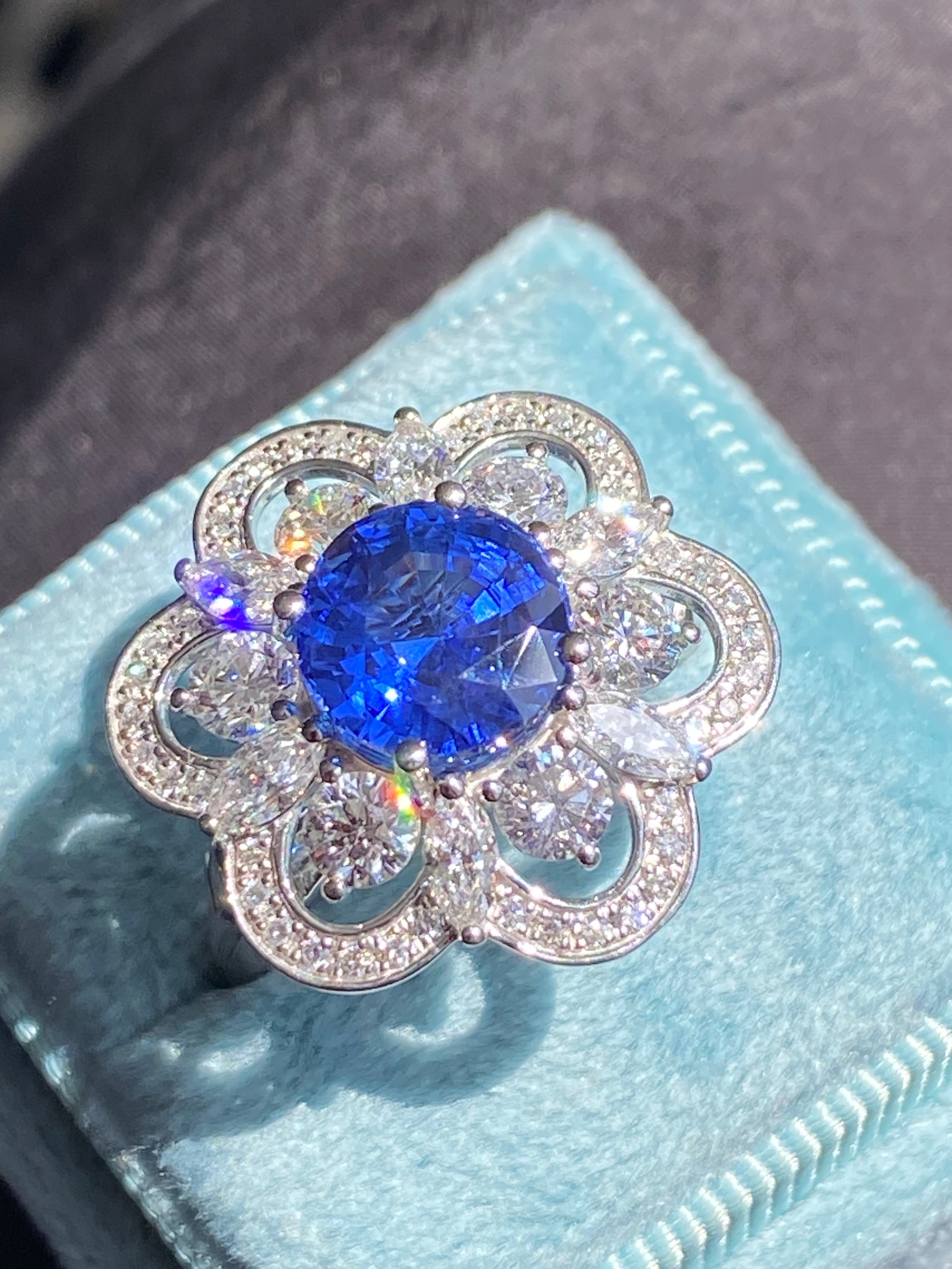Masterpiece Showstopper 5.44 CTW Ceylon Sapphire and Natural Diamond Halo Cocktail Ring in Platinum