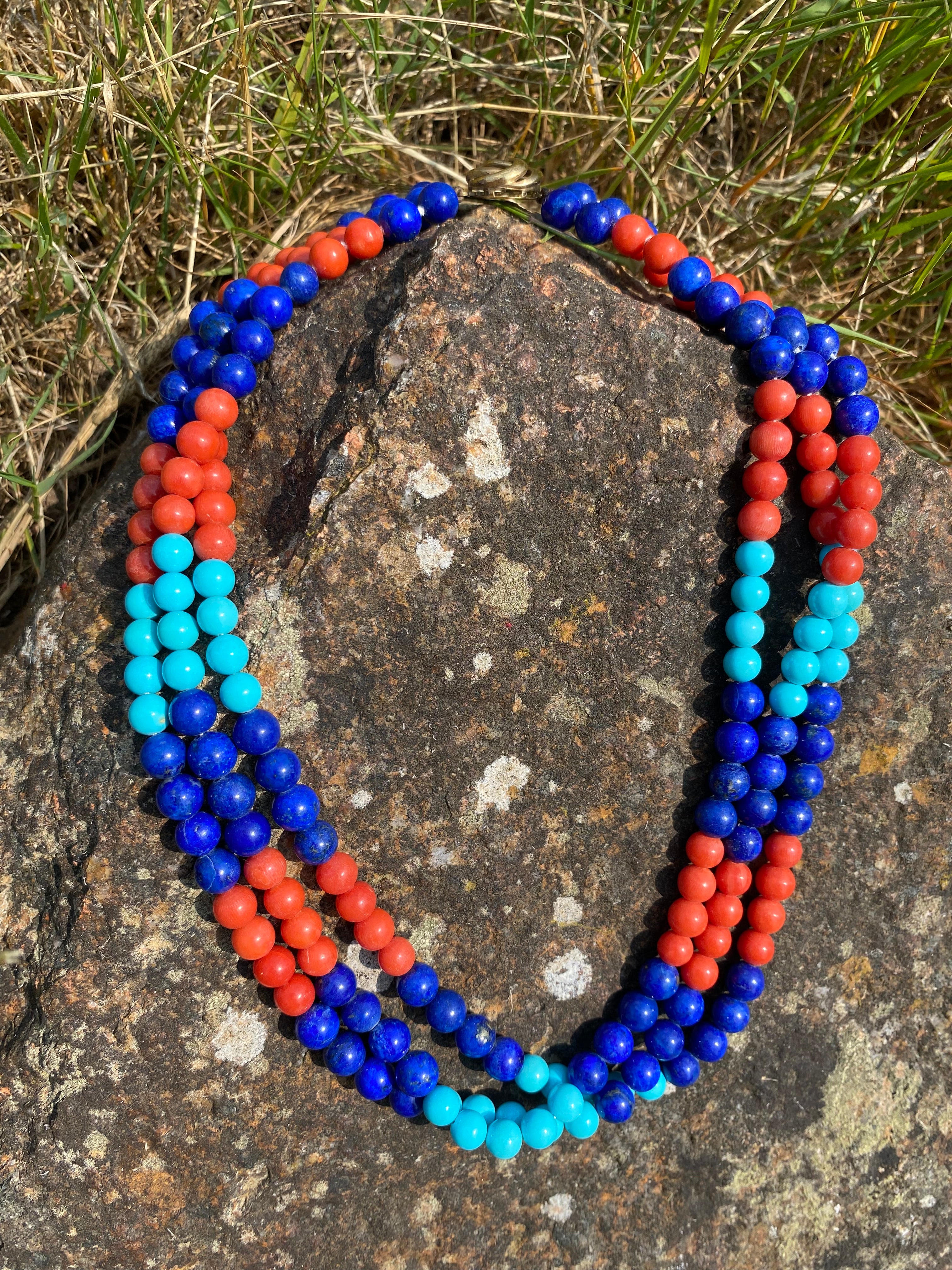 Egyptian Revival Lapis Lazuli, Turquoise, and Coral Triple Strand Necklace 9ct Yellow Gold