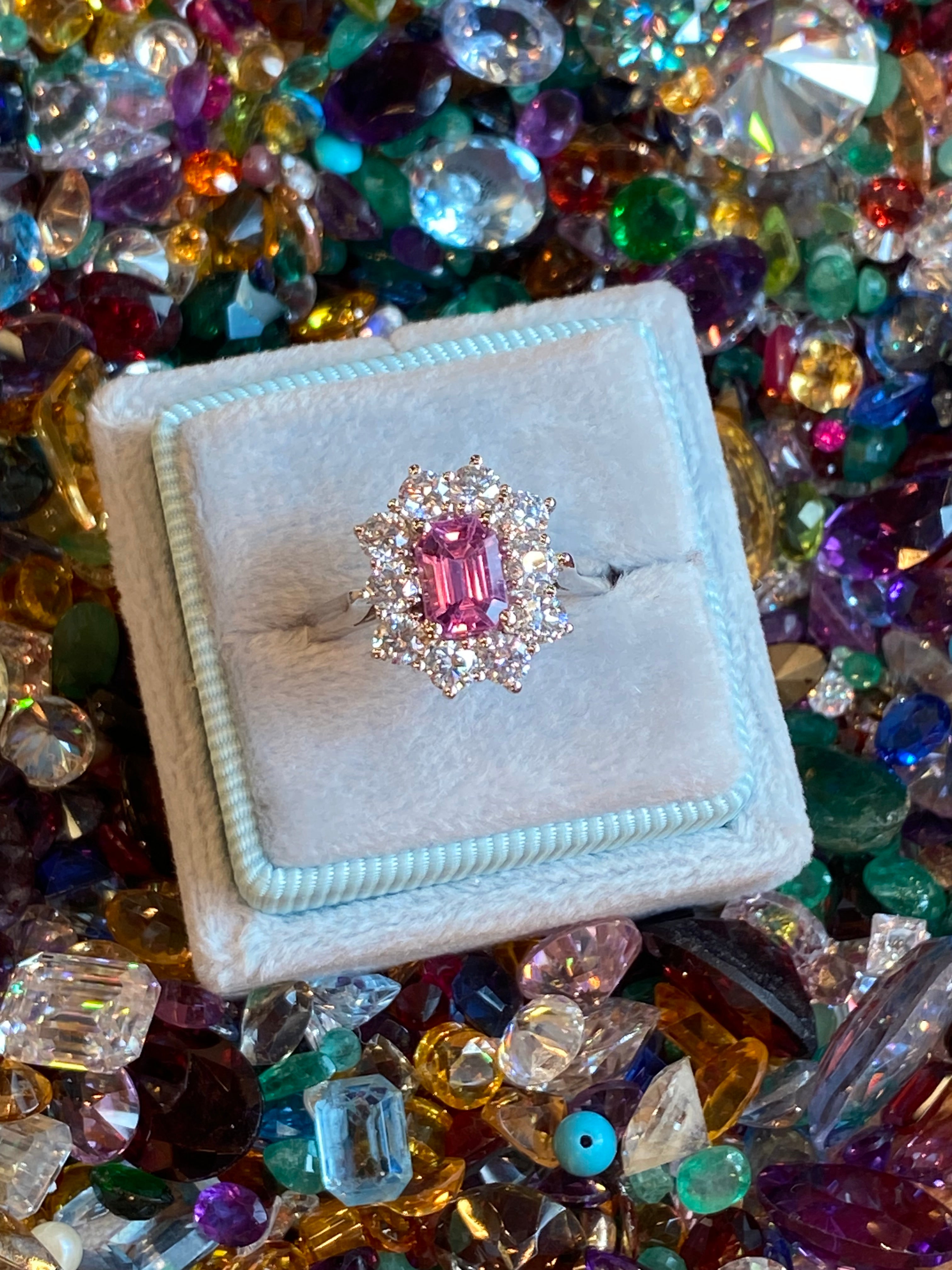 2.33 CTW Emerald Cut Pink Sapphire and Natural Diamond Halo Ring in Platinum