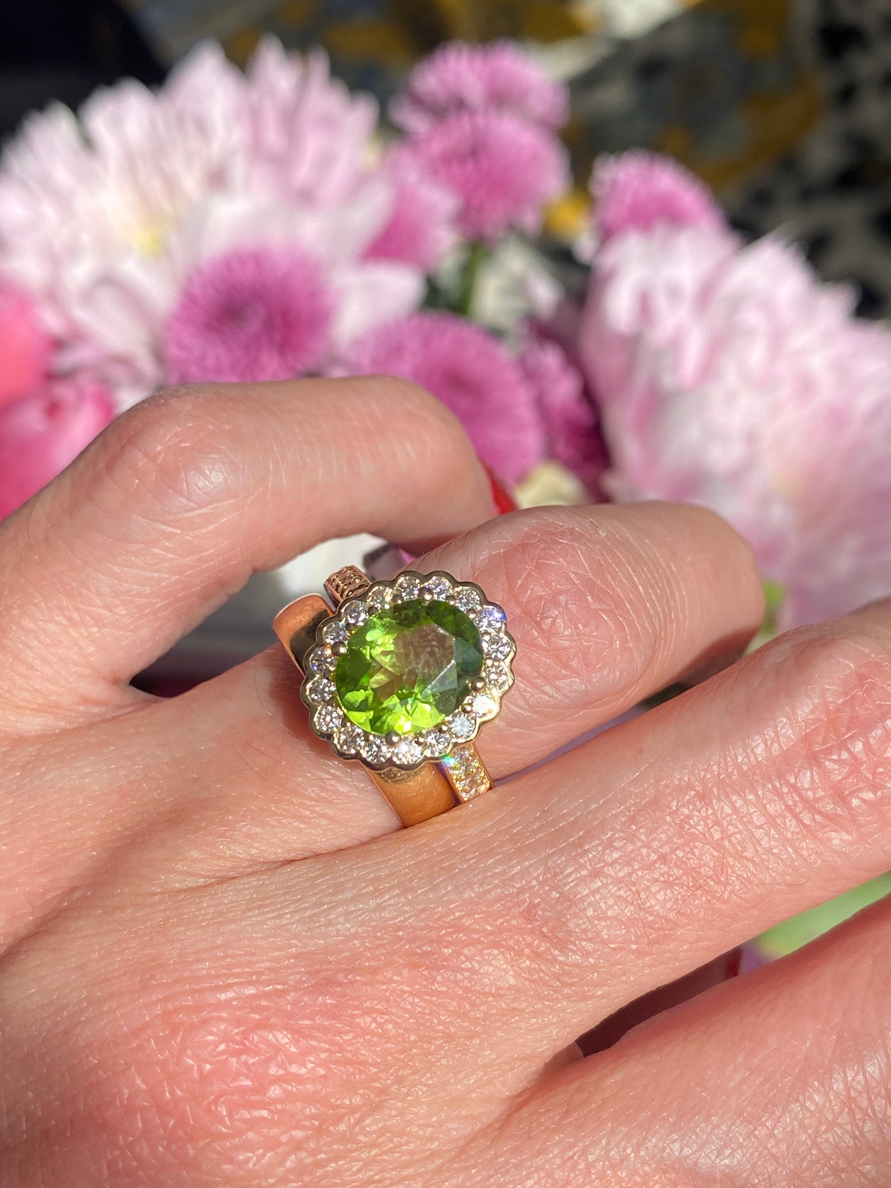 2.96 Carat Peridot and Natural Diamond Halo Ring in 18ct Yellow Gold