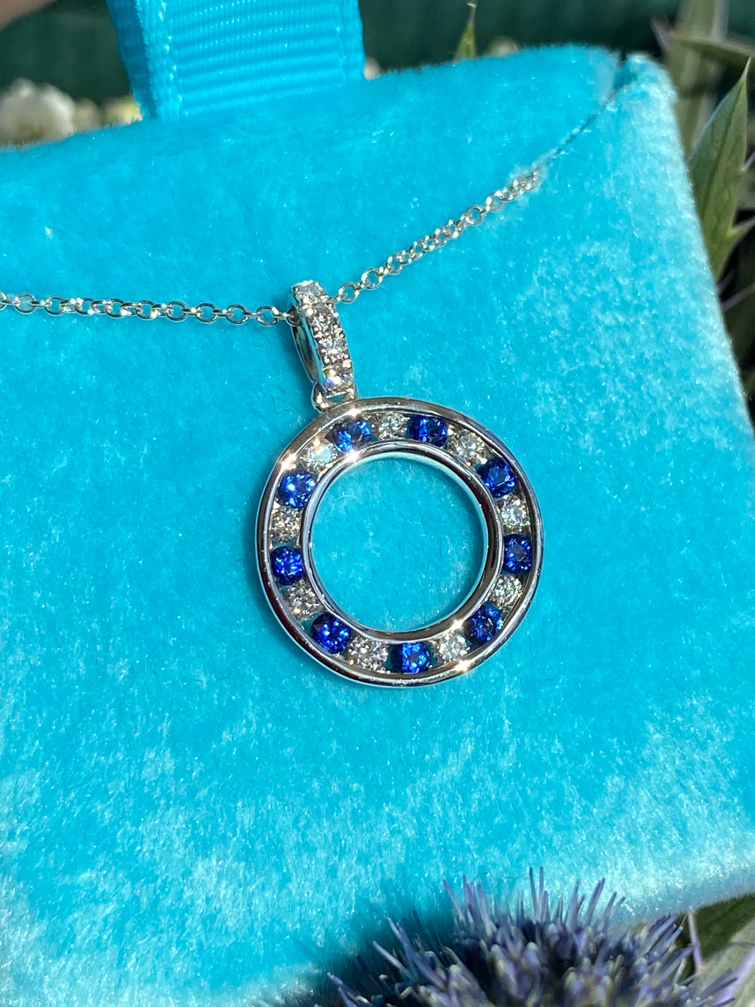 Beautiful Sapphire and Natural Diamond Pendant Necklace in 18ct White Gold