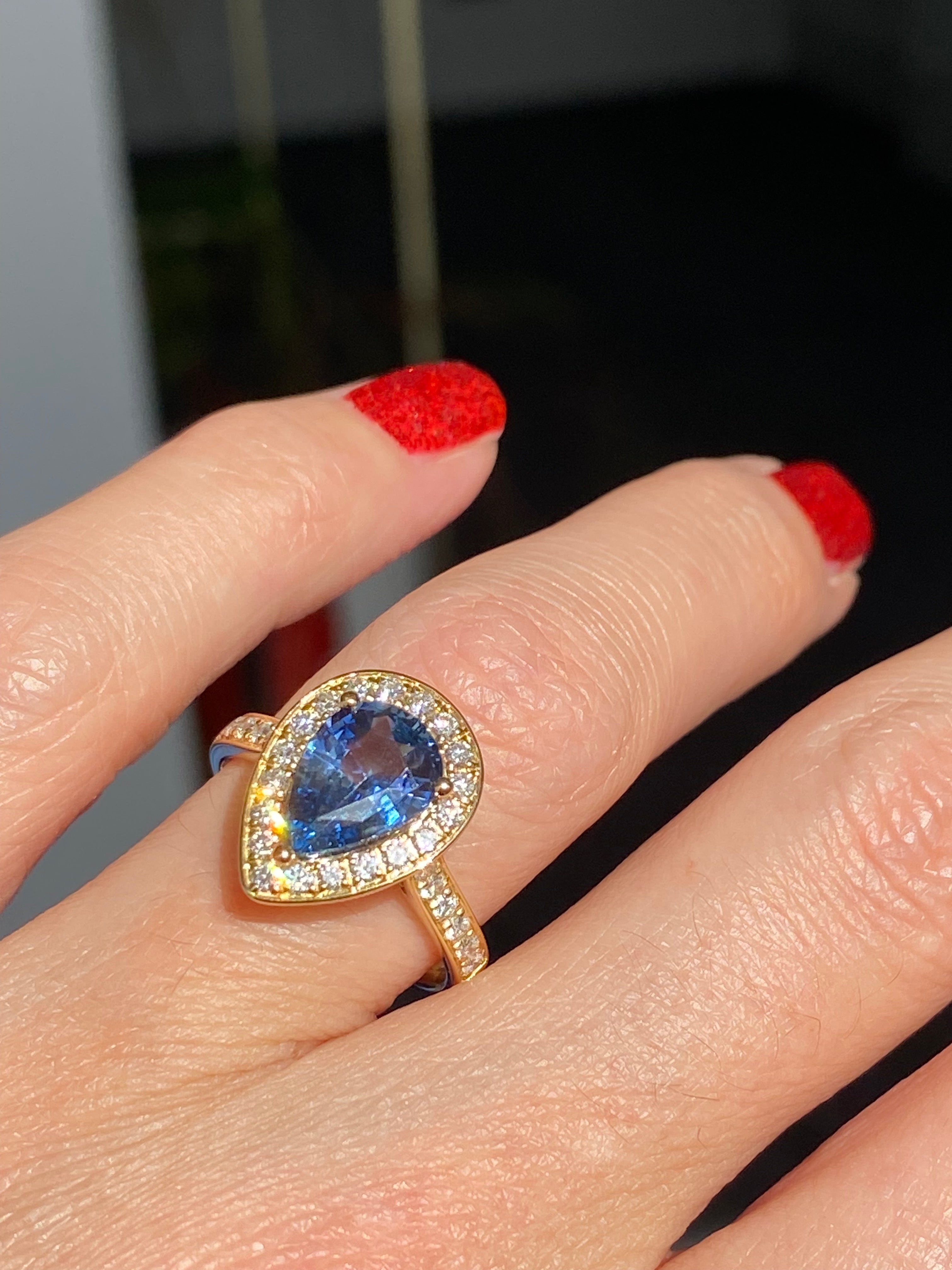 2.07 Carat Pear Cut Teal Sapphire and 0.48 CTW Natural Diamond Ring in 18ct Yellow Gold