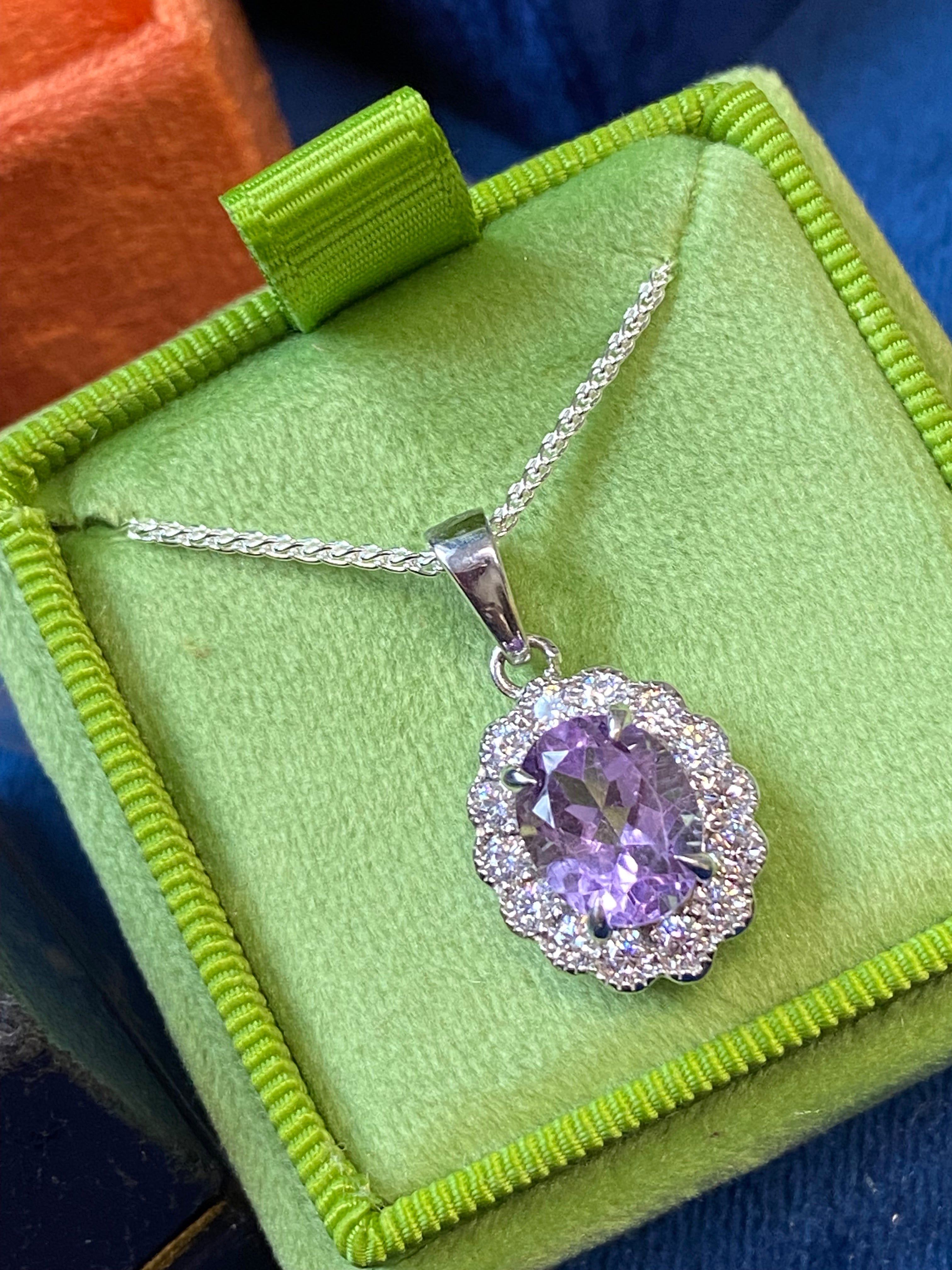 5.00 CTW Rose De France Amethyst and Moissanite Halo Pendant Necklace in Sterling Silver