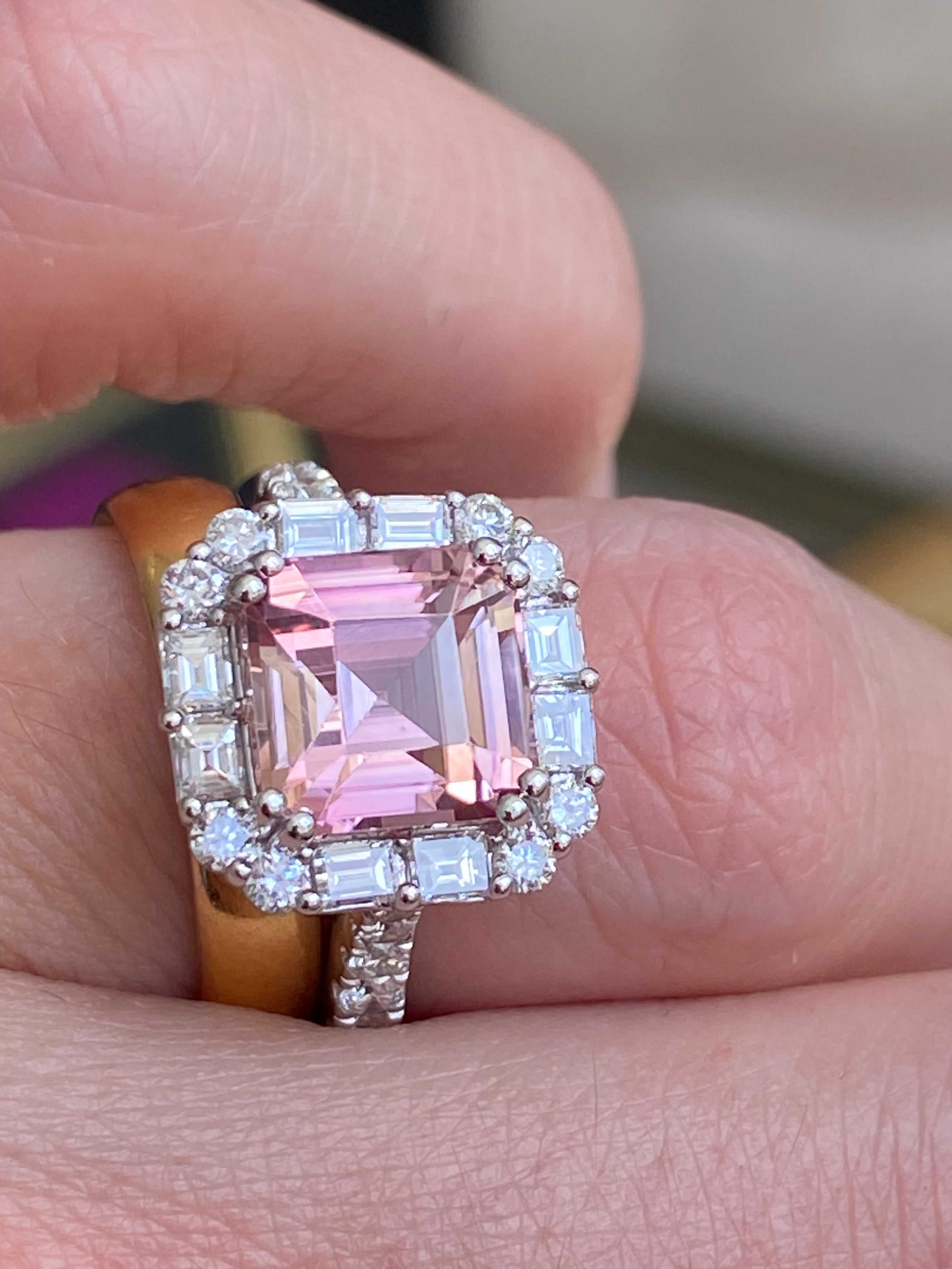 4.71 CTW Emerald Cut Pink Tourmaline and Natural Diamond Halo Ring in Platinum