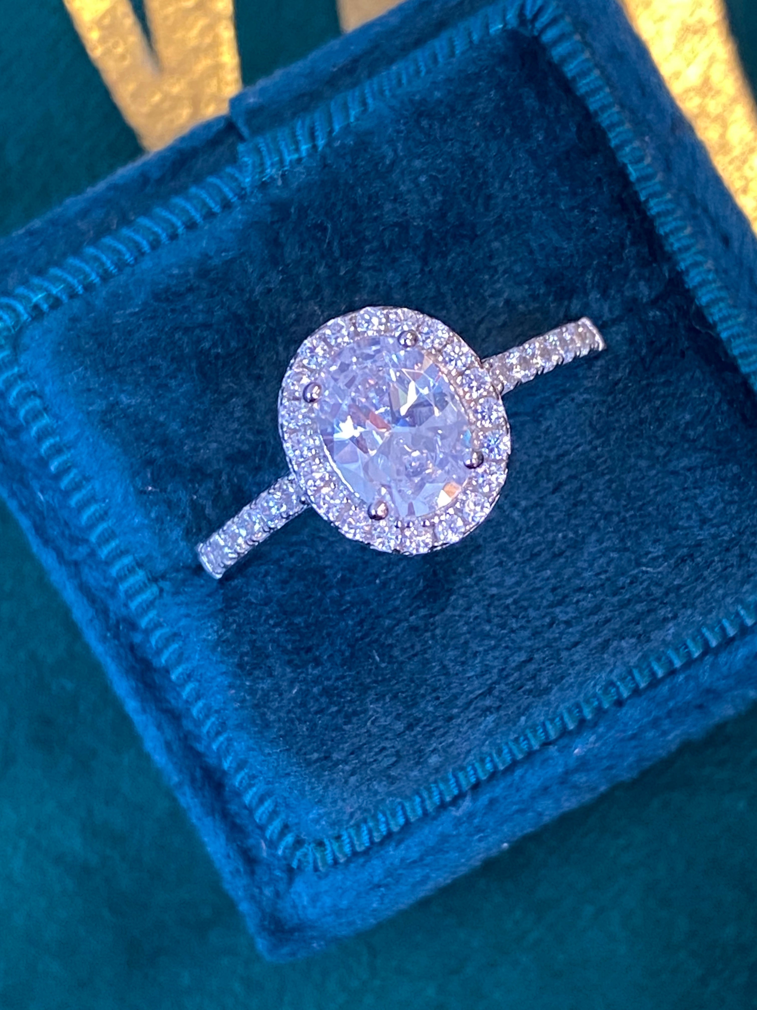 Oval Cut Moissanite Halo Engagement and Wedding / Eternity Ring Set in Sterling Silver