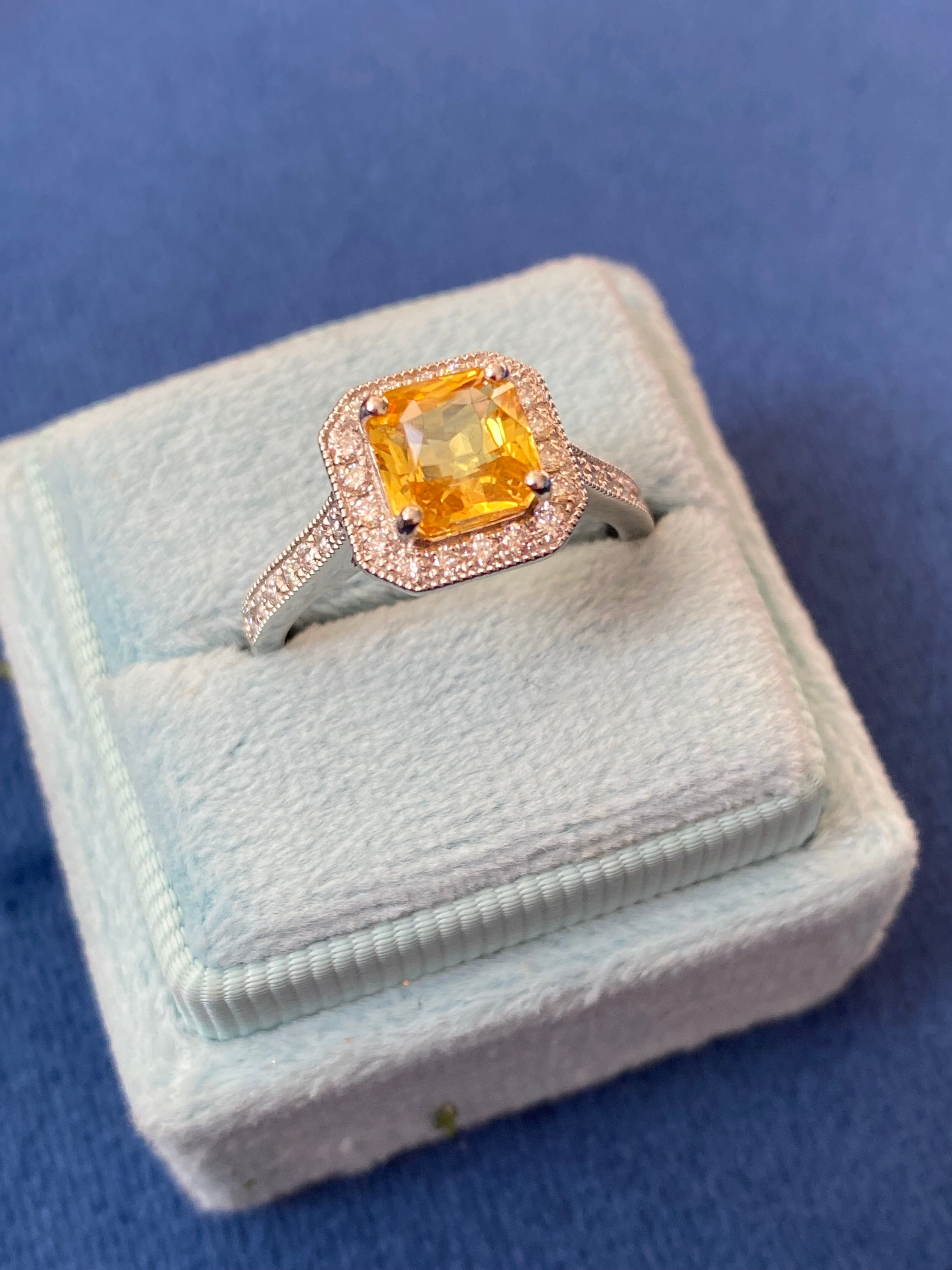 2.06 Carat Yellow Sapphire and Natural Diamond Halo Ring in Platinum
