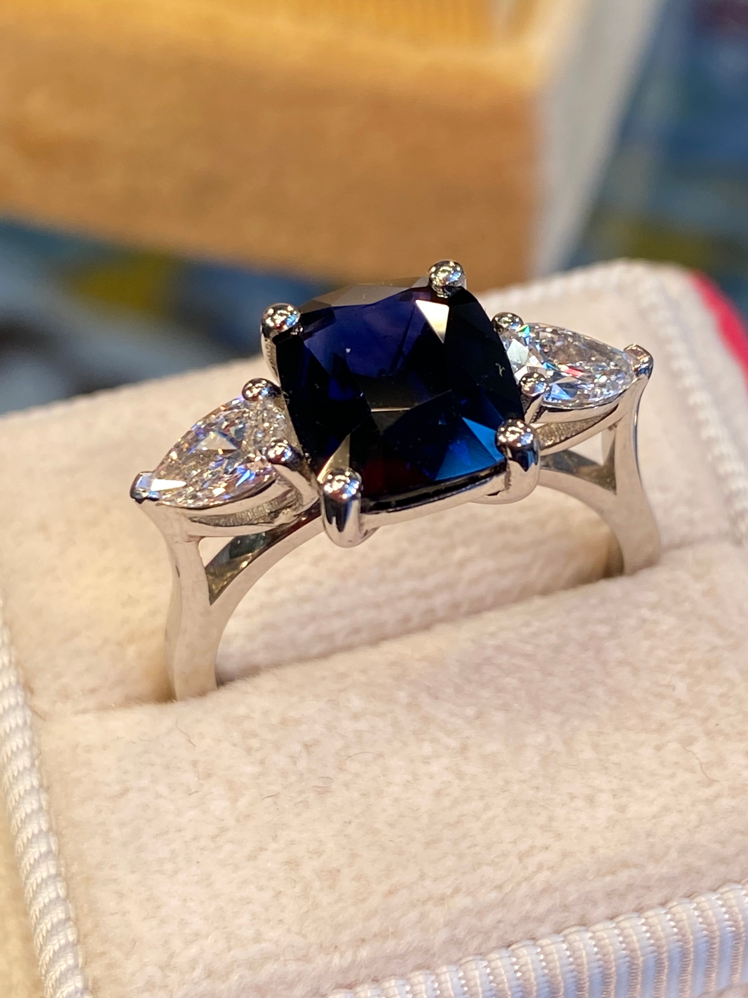 4.04 CTW Deep Blue Ceylon Sapphire and Natural Diamond Three Stone Engagement Ring in Platinum