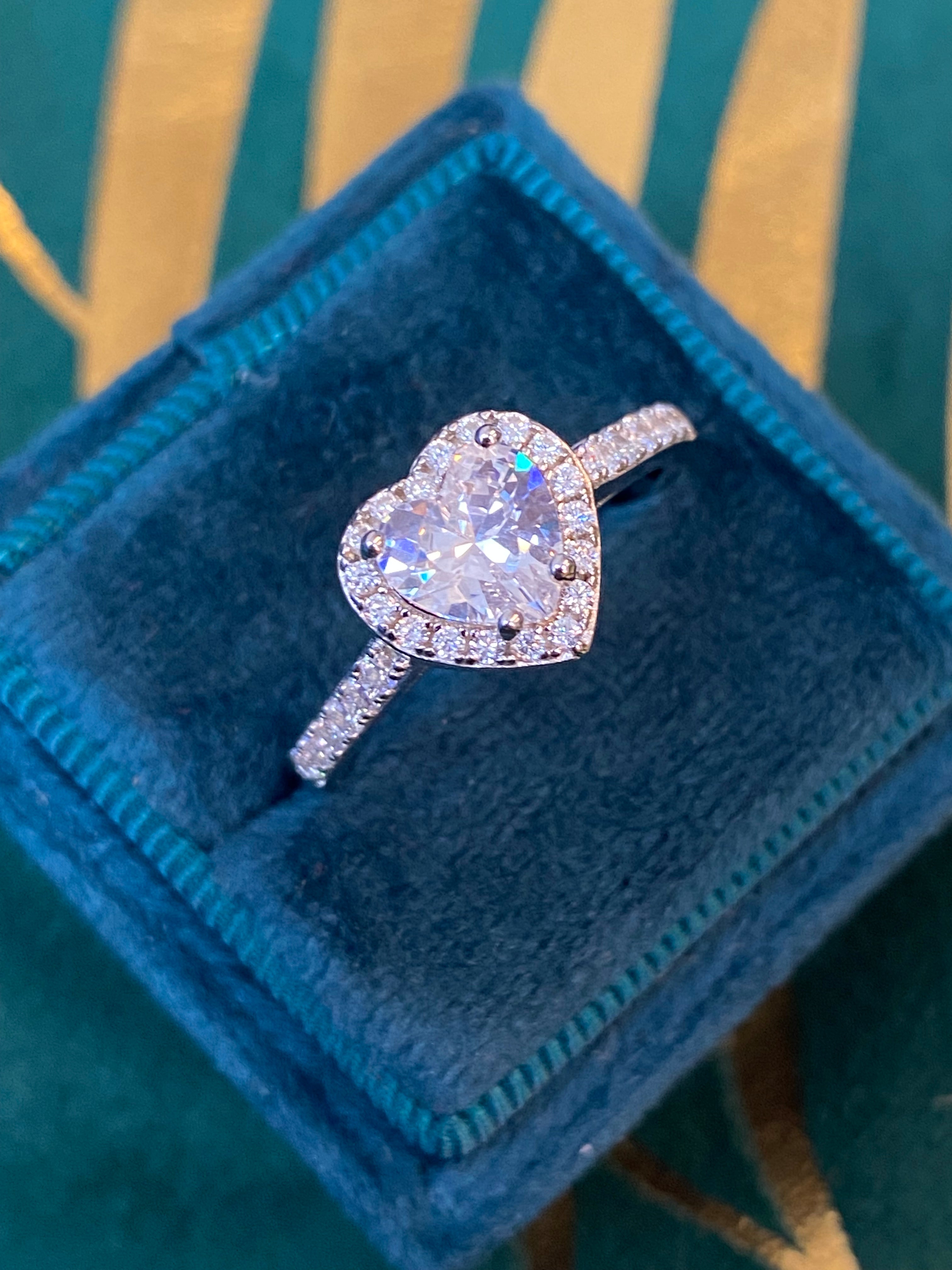 Heart Shape Moissanite Halo Engagement and Wedding / Eternity Ring Set in Sterling Silver